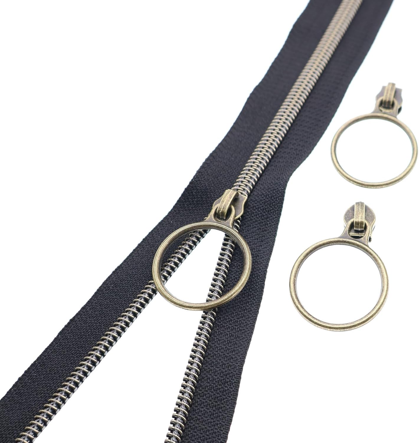 Leekayer 5# Black Nylon Zipper Tape Brass Teeth 10 Yards Continuous Zipper with 25 pcs Ring Pull Silders Bulk(Antique Brass)