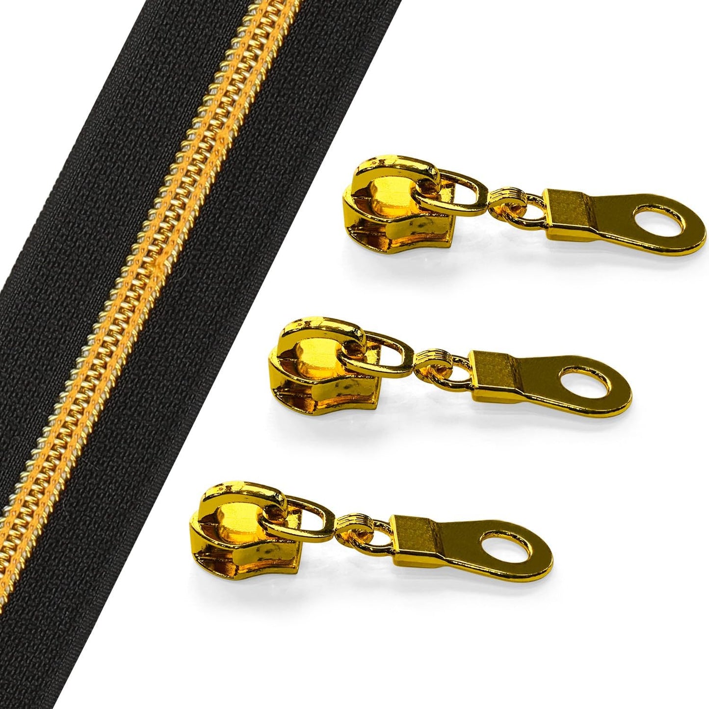 Sawoake 10 Yards Bulk Zipper(#5), Black Nylon Coil Zipper with Gold Teeth by The Yards, Replacement Sewing Zipper with 10PCS Zipper Sliders for DIY Sewing Craft Bags(#5 Gold Black)