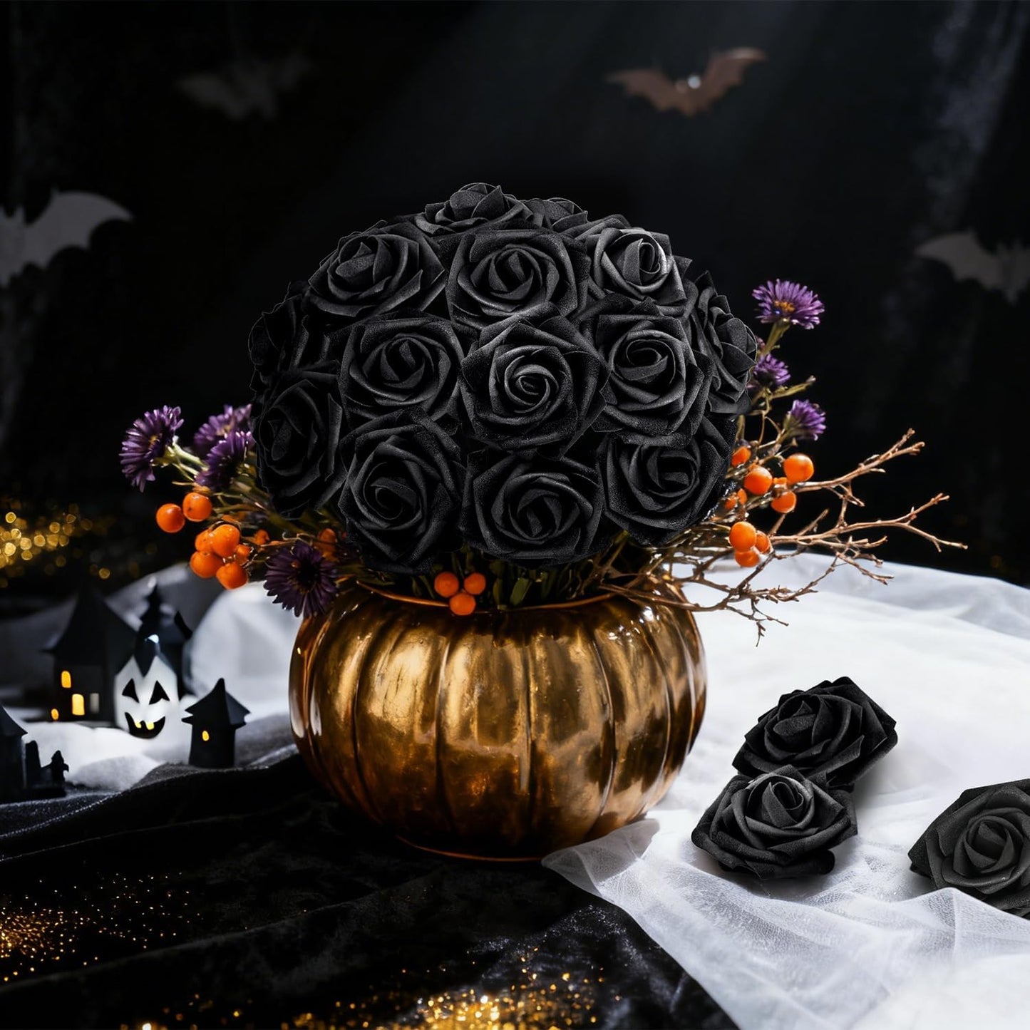 Artificial Flowers Foam Fake Roses 25pcs Black Roses with Stems for Home Decor DIY Wedding Bouquets Party Bridal Shower Centerpieces Faux Flower Arrangements Tables Decorations