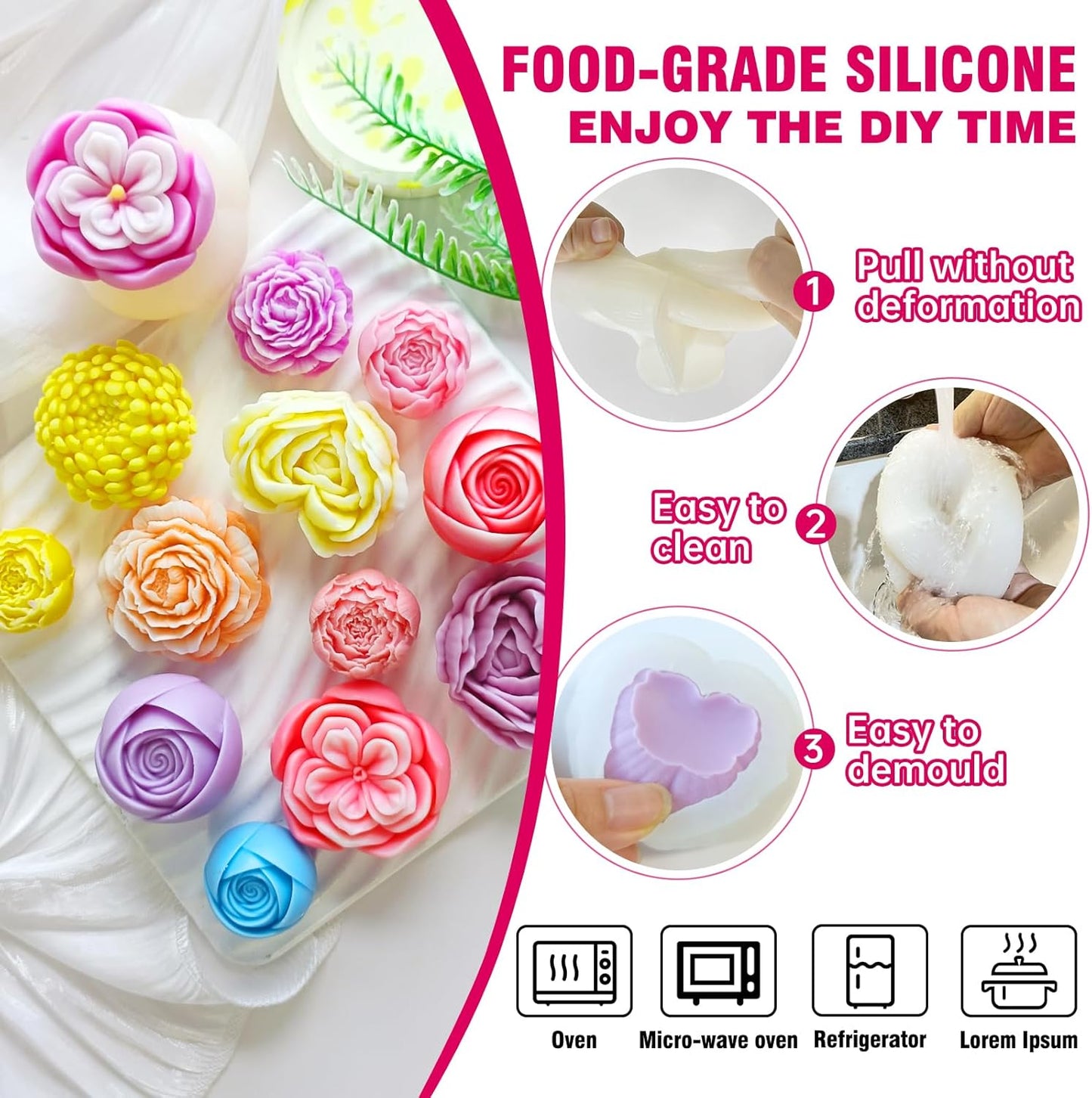 6PCS Flower Silicone Molds Set,3D Rose Flower Silicone Fondant Mold Valentine Day Silicone for Candle Making Molds Cake Mold for Chocolate Candy Pastry Dessert Resin Craft