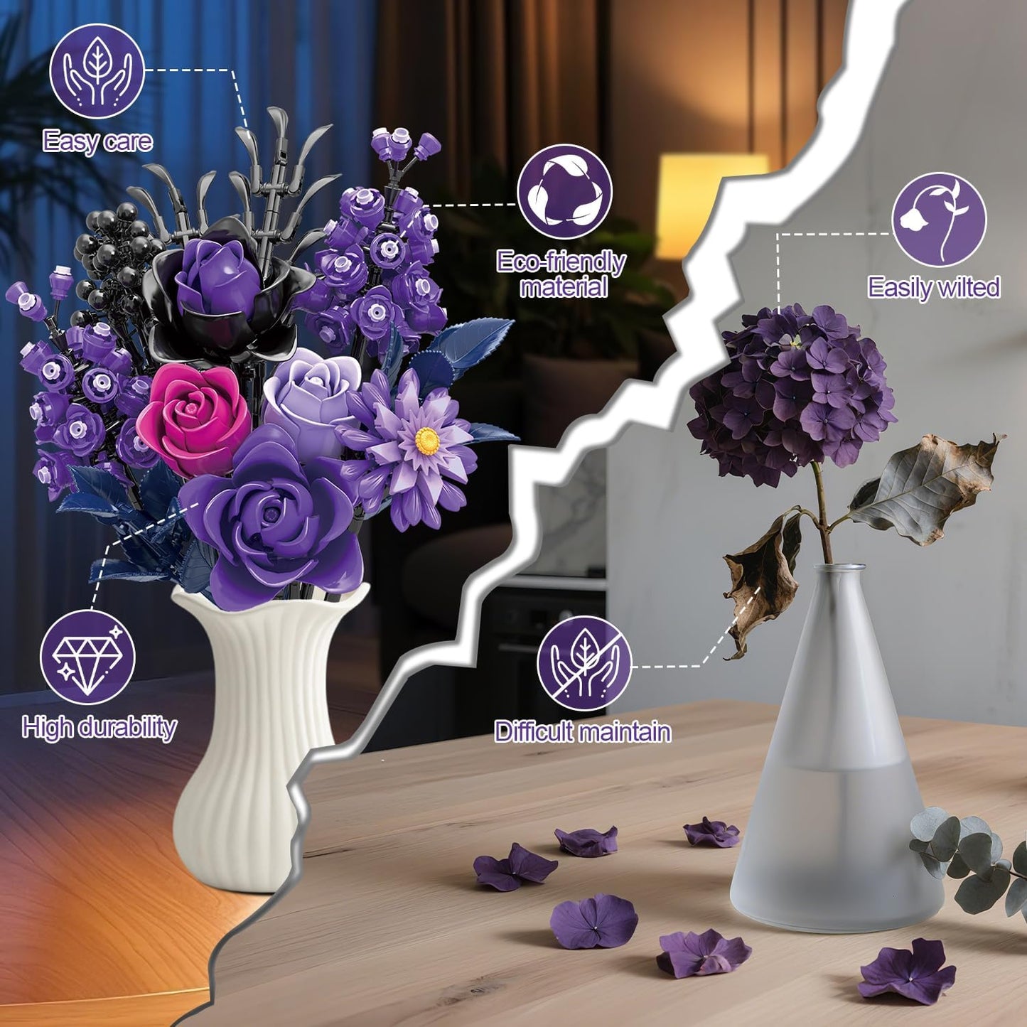 Gohero Purple Roses Building Blocks Set (822PCS) - Lego Compatible Flowers for Adults, Gothic Home Decor, for Women & Teen Girls, Making It an Ideal Gift for Halloween, Valentine's Day.