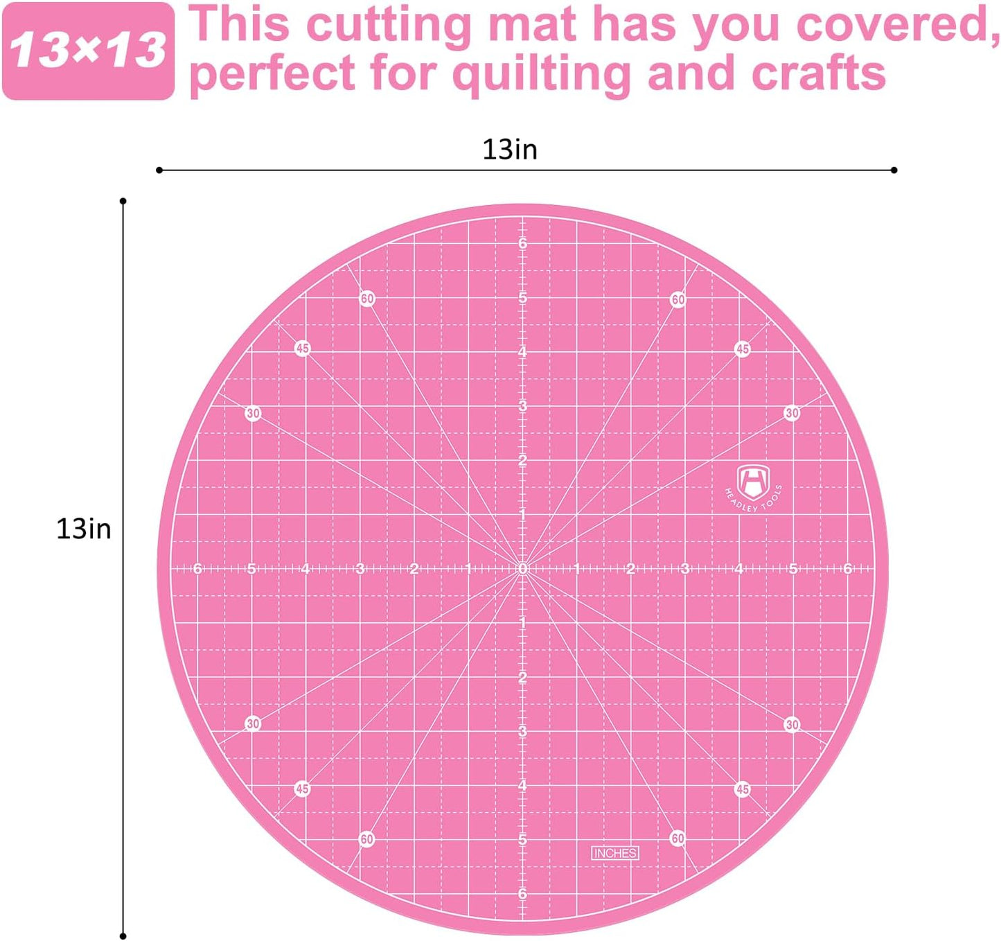 Headley Tools 13"x13" Round Rotating Cutting Mat, Self Healing Mat with 360-Degree Rotation & Anti-Slip Base, Sewing Board Cutting Mat Perfect for Fabric Quilting Leather Hobby Project, Pink