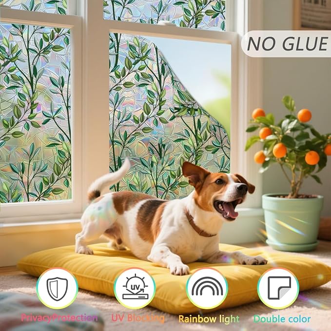 Leaf Stained Glass Window Film Static Cling with Tools - 35.4 x 157.4 Inch Non-Adhesive Privacy Decorative Rainbow Film for Windows, Doors, Sidelights - Easy Install & Remove