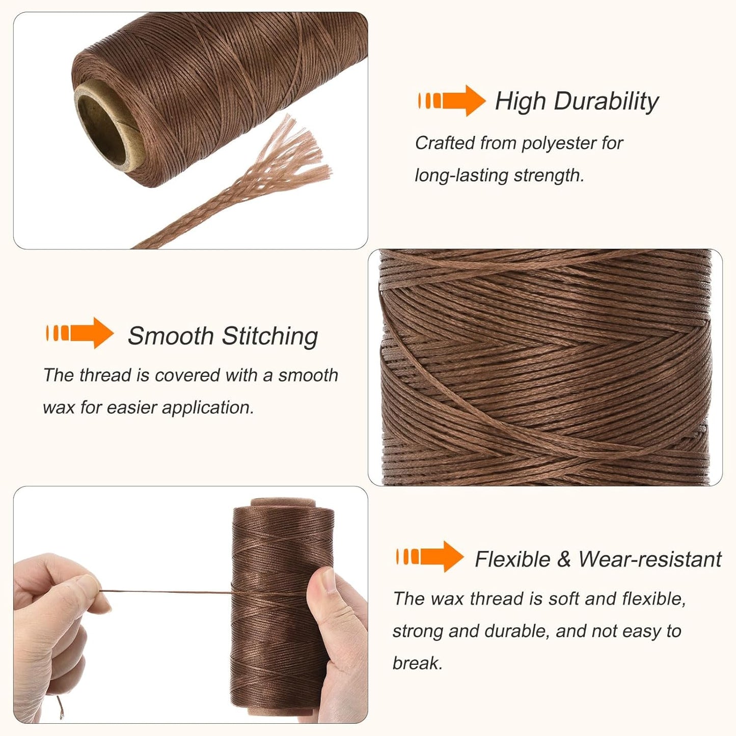 MECCANIXITY Waxed Thread,284 Yard 0.8mm 150D Flat Wax Thread Polyester Waxed String for Leather Sewing Hand Weaving Book Binding Home Decoration,Light Brown