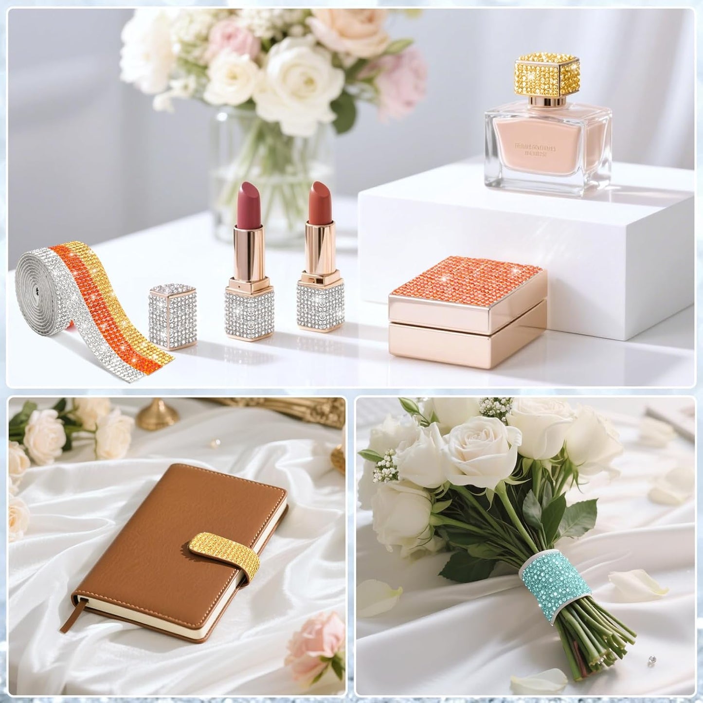 12 Rolls Rhinestone Ribbon Self Adhesive,0.35" X12 Yard Bedazzling Kit with 2 mm Rhinestones Bedazzling Strips for Gift Wrapping Wedding Decor DIY Crafts(12 Colors)