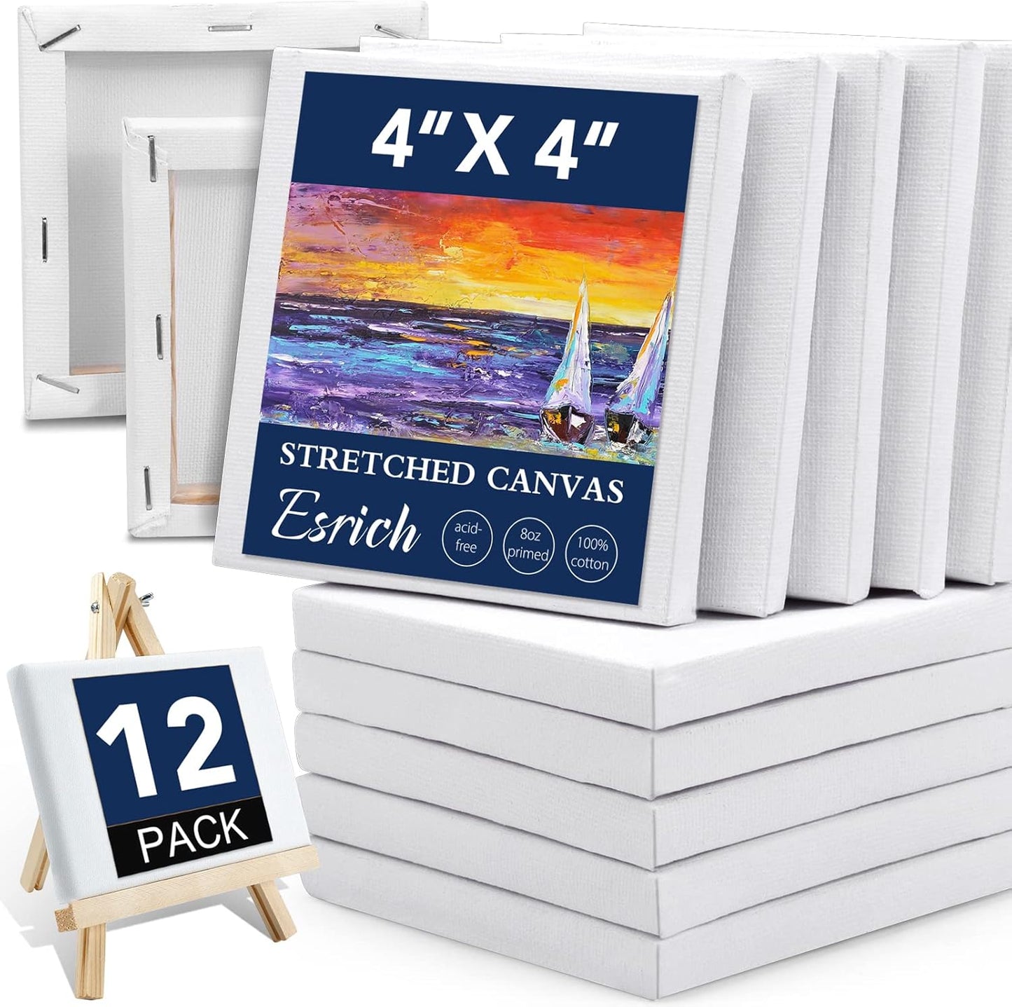 ESRICH Mini Stretched Canvas 12 Pack 4x4inch, 2/5''Profile Art Primed Canvases for Painting, 100% Cotton Small Professional Stretched Canvas for Kids and Art Supplies,for Acrylics,Oils&Other Painting.