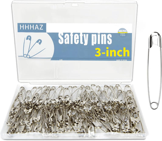 3Inch Extra Large Safety Pins - 100Pcs Heavy Duty Silver Nickel-Plated Steel - Bulk for Sewing, Crafts, Clothing, Decor & Clips