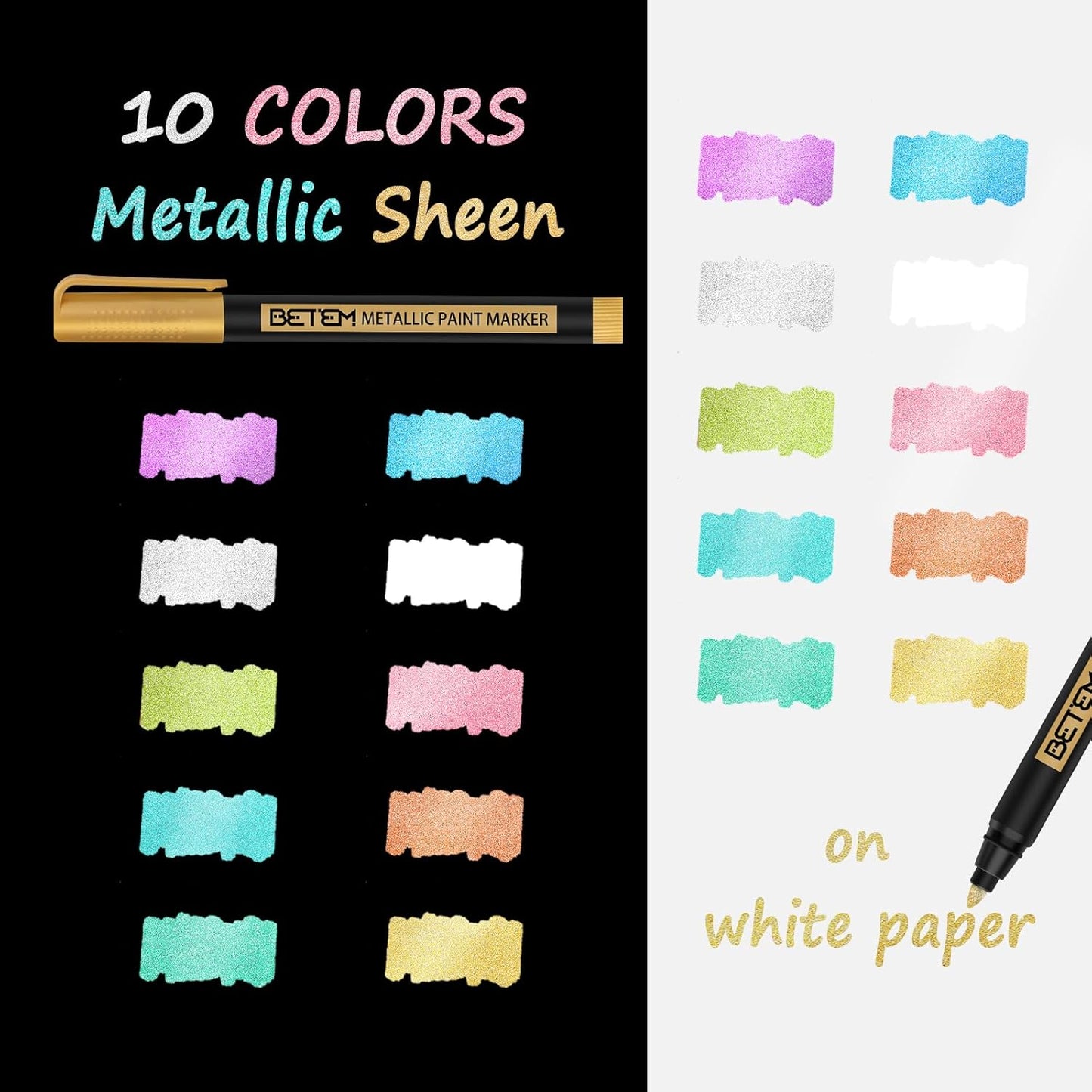 Betem Metallic Paint Markers, 10 Colors Acrylic Paint Metallic Markers for Black Paper, 2mm Medium Tips Glitter Pens Scrapbooking Supplies, Pumpkin Painting Kit for Rock Painting, Cards, Photo Albums