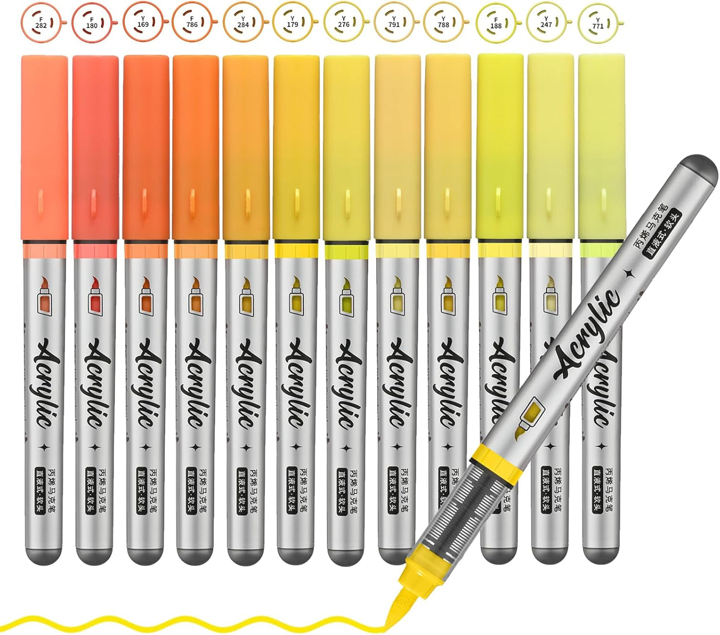 Yellow Orange Acrylic Paint Pens,12 Color Paint Pens Markers,Brush Tip Paint Pens for Rock Painting Wood Glass Ceramic Canvas Stone DIY Crafts Making Art Supplies