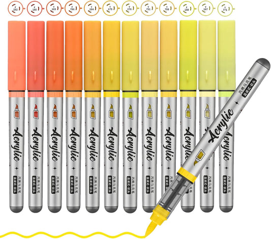 Yellow Orange Acrylic Paint Pens,12 Color Paint Pens Markers,Brush Tip Paint Pens for Rock Painting Wood Glass Ceramic Canvas Stone DIY Crafts Making Art Supplies