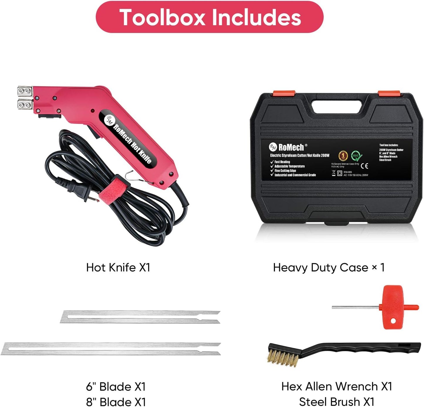 ROMECH Foam Cutter Pro Electric Hot Knife, 200W Styrofoam Cutting Tool Kit- with Heavy-duty Case Blades & Accessories RM-005 (200W)