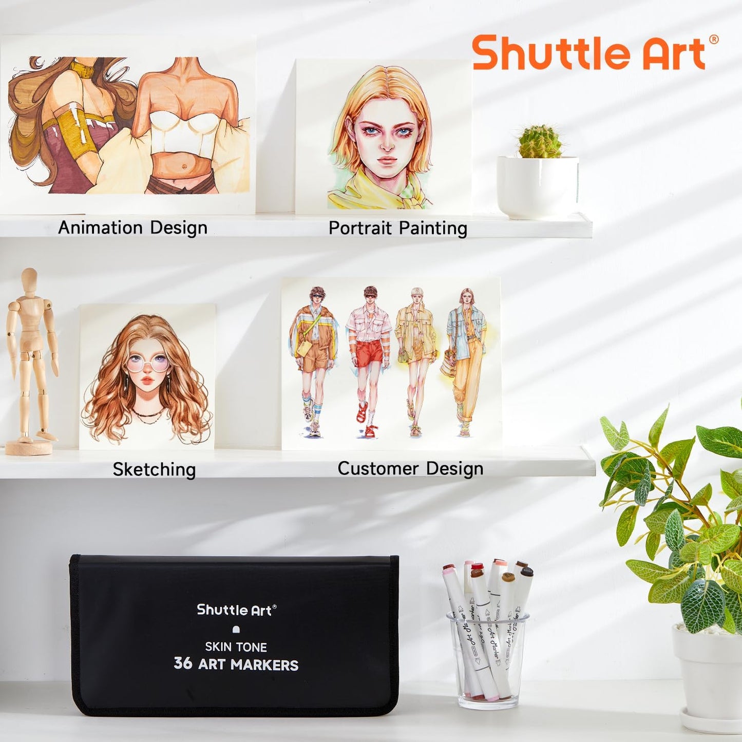 Shuttle Art 36 Colors Skin Tone&Hair Art Markers, Dual Tip Alcohol Based Marker Pen Set Contains 1 Blender 1 Carrying Case 1 Marker Pad Perfect for Kids & Adults Portrait,Comic, Anime, Manga