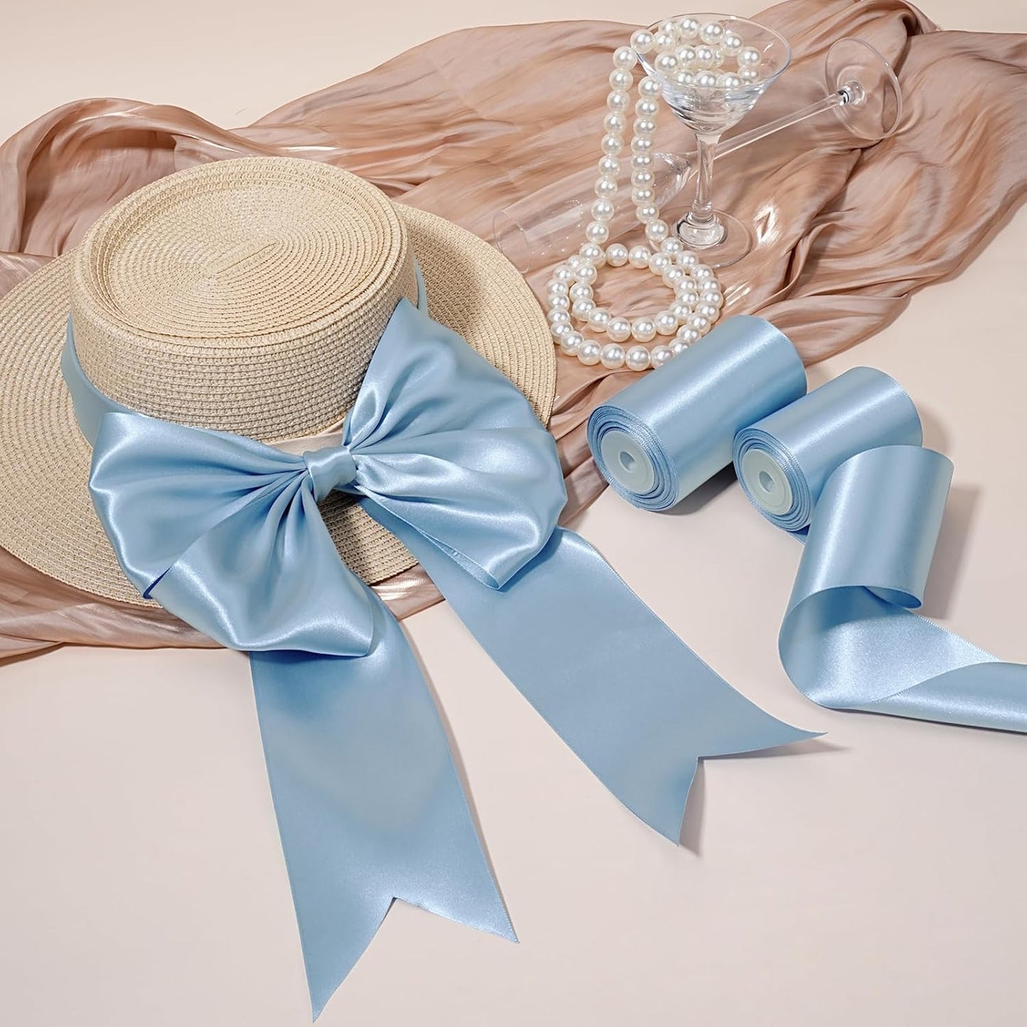 LaRibbons Light Blue Satin Ribbon 3 Inch 10 Yards Double Faced Luxury Baby Blue Silk Ribbon for Gift Wrapping Flower Bouquets Bow Christmas Wedding Party Decoration