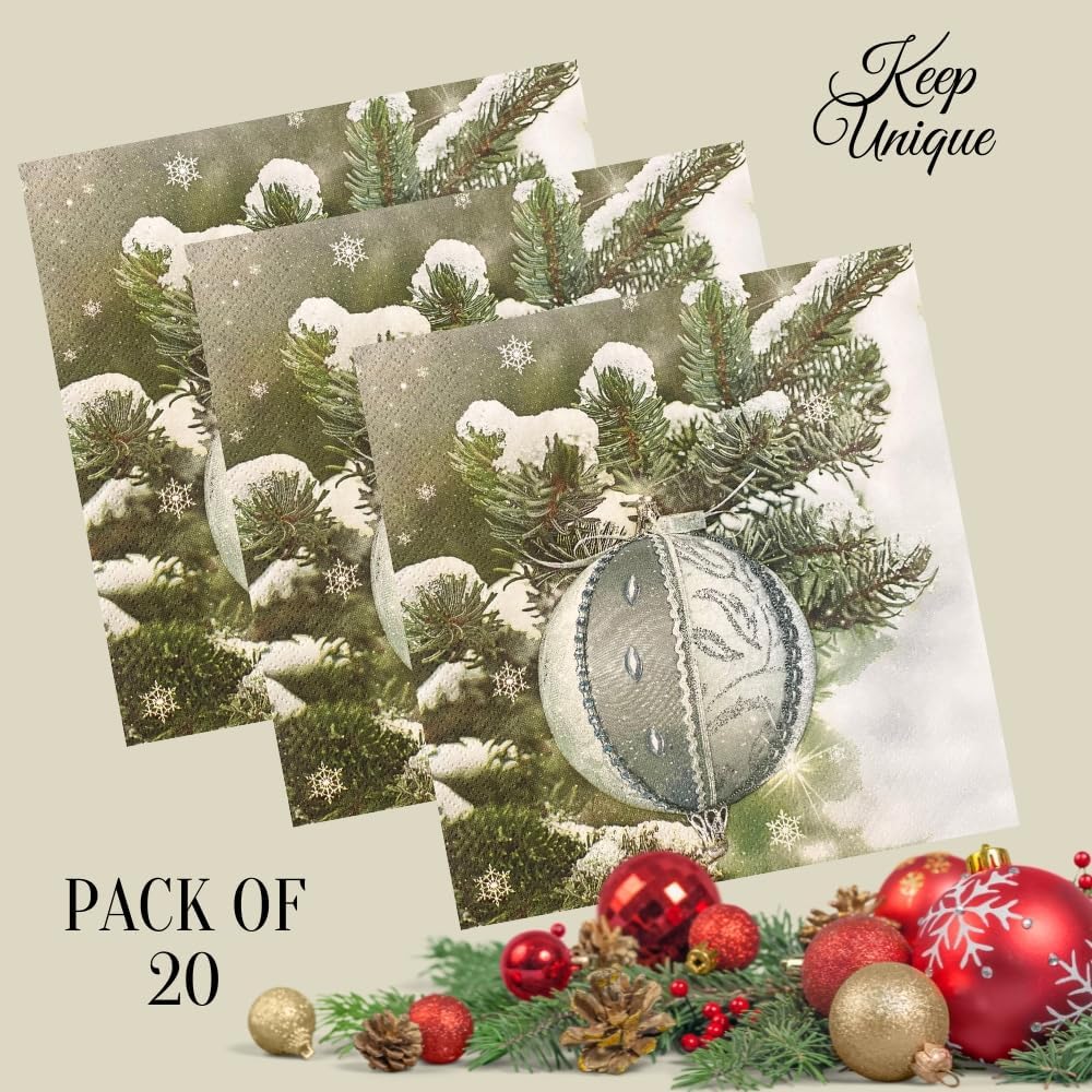 20-ct 13x13 Christmas Paper Decoupage Napkins, 3-Ply Servilletas Tissue Napkin for Dinner and Parties, Disposable Napkins (Ornament X)