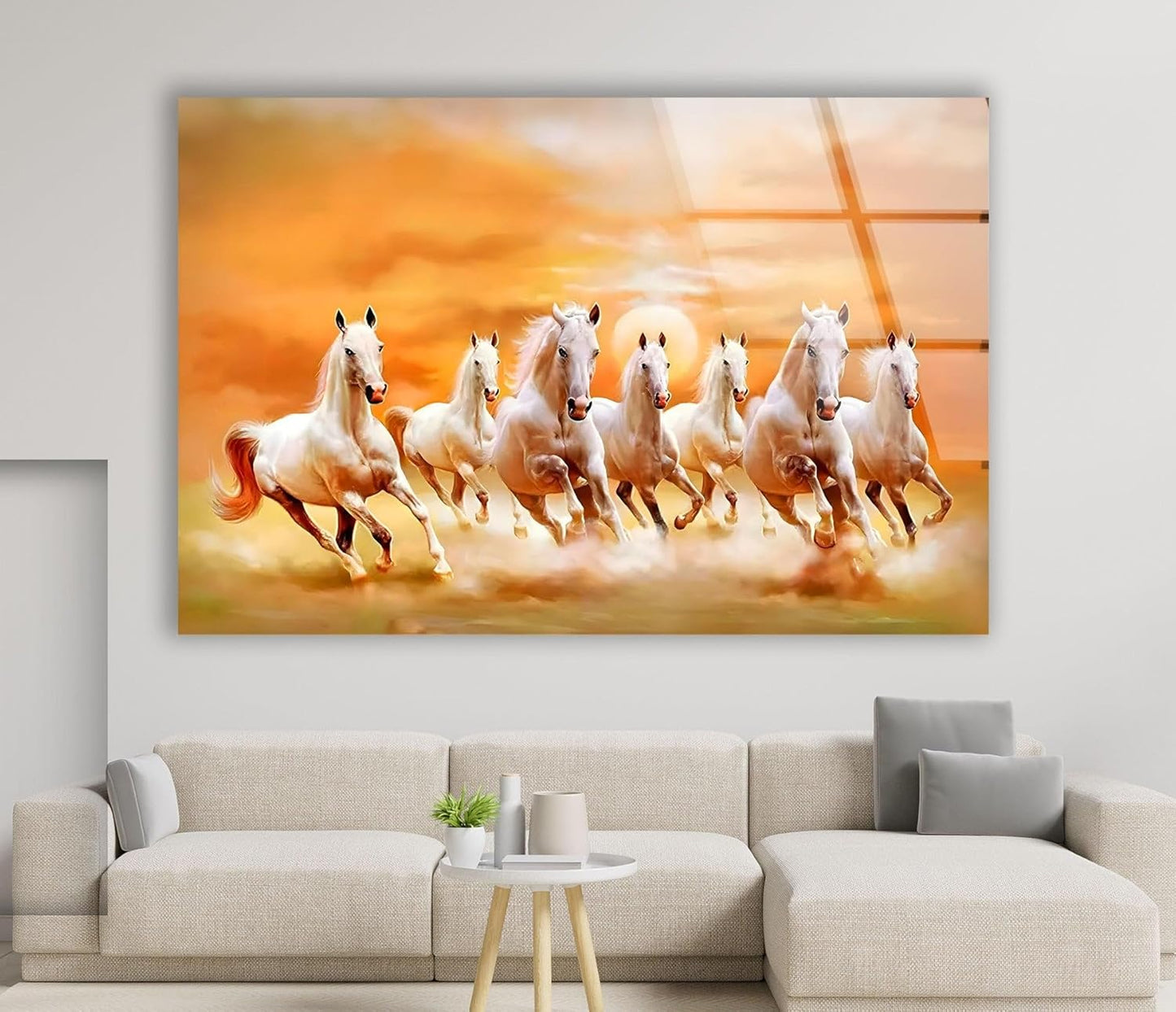 My Photostation.com 60WX40H'' White Horses Running on Sunset Glass Wall ArtTempered Glass Printing Wall Decor Large Wall Art Wall Hangings