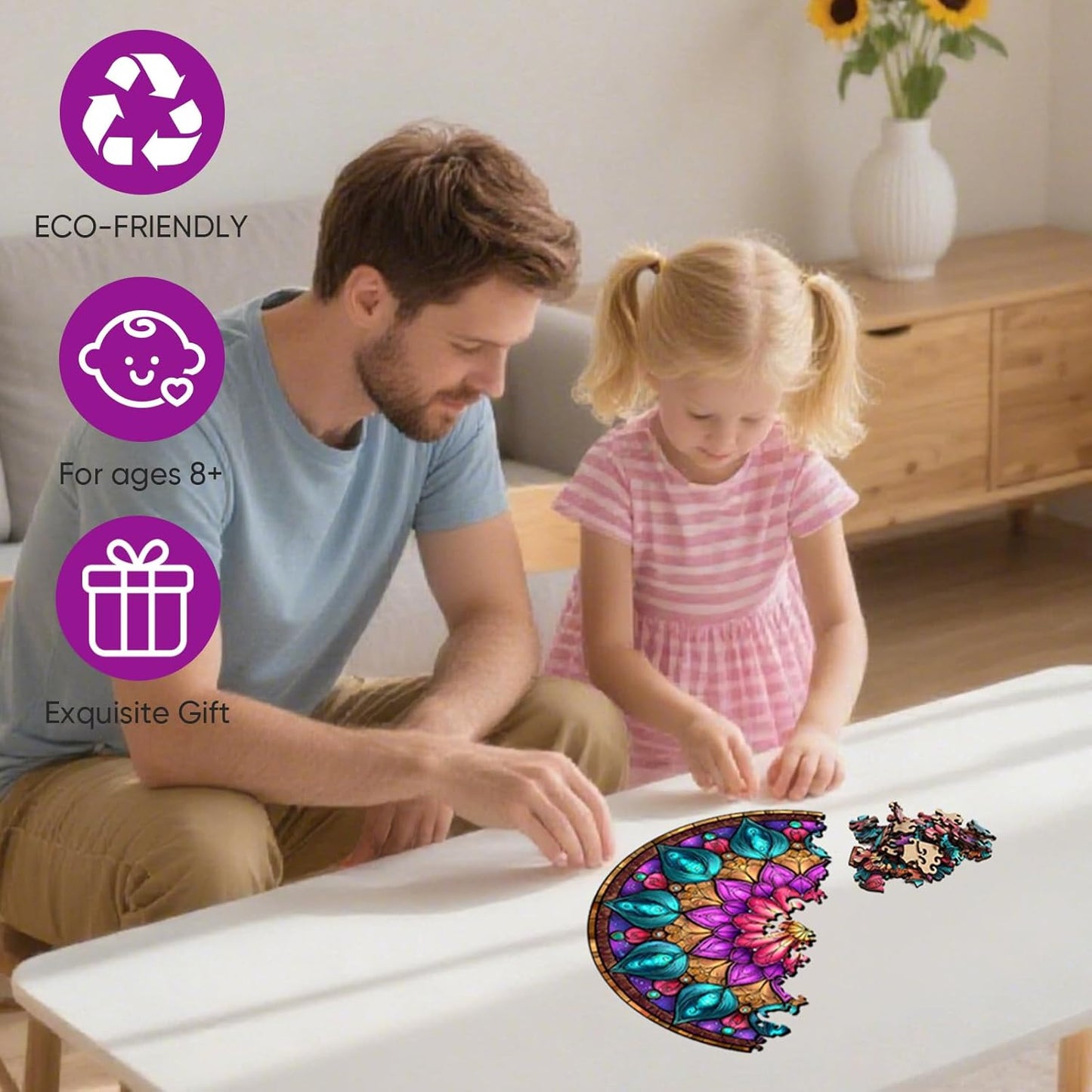 Wooden Puzzles for Adults, Mandala Puzzles 200 Pieces, Unique Shaped Jigsaw Puzzles for Adults and Kids, Birthday Gifts Fun Challenge Family Game 11.2'' x 11.2''