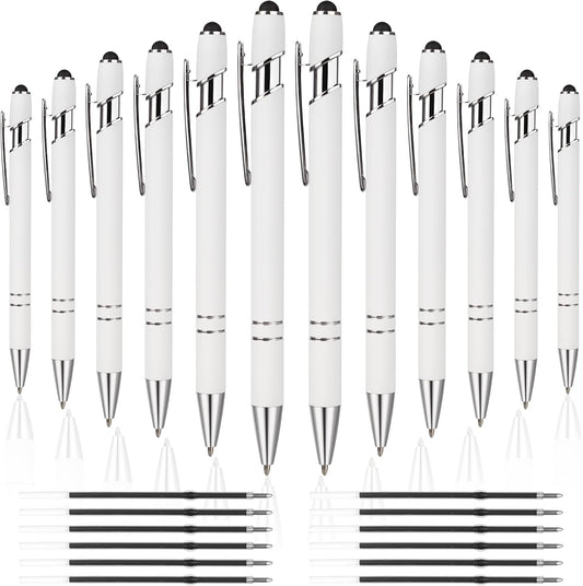 12 PCS 2 in 1 Stylus Ballpoint Pen with Stylus Tip, 1.0 mm Black Ink Metal Pen Stylus Pen for Touch Screens (Silver & White)