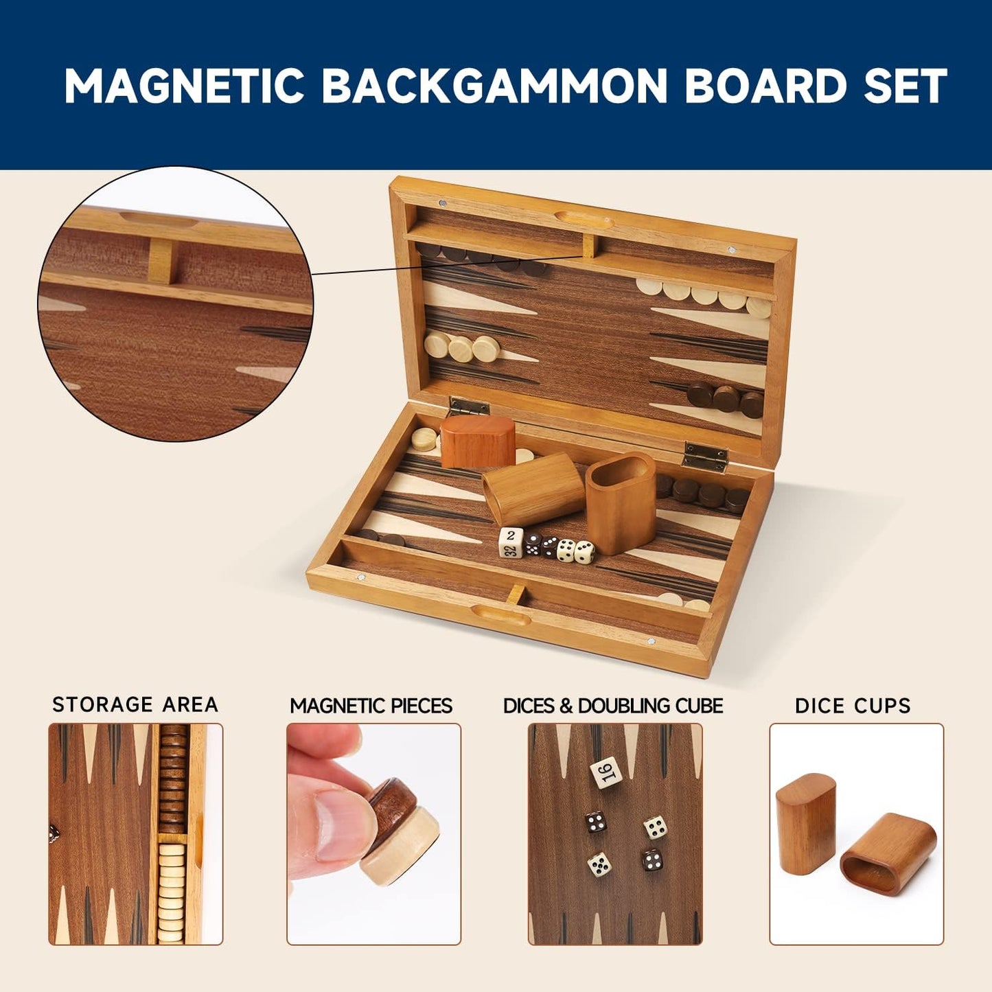 GSE Games & Sports Expert Premium Magnetic Wooden Folding Inlay Backgammon Board Game Set, Portable Travel Board Game (Focus- 11 Inches)