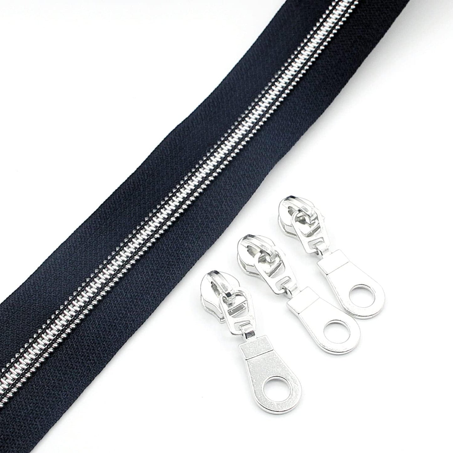 Leekayer #5 Silver Metallic Nylon Coil Zippers by The Yard Bulk 10 Yards Zipper Tape with 25pcs Silver Sliders for DIY Sewing Tailor Craft Bag (Navy Black)