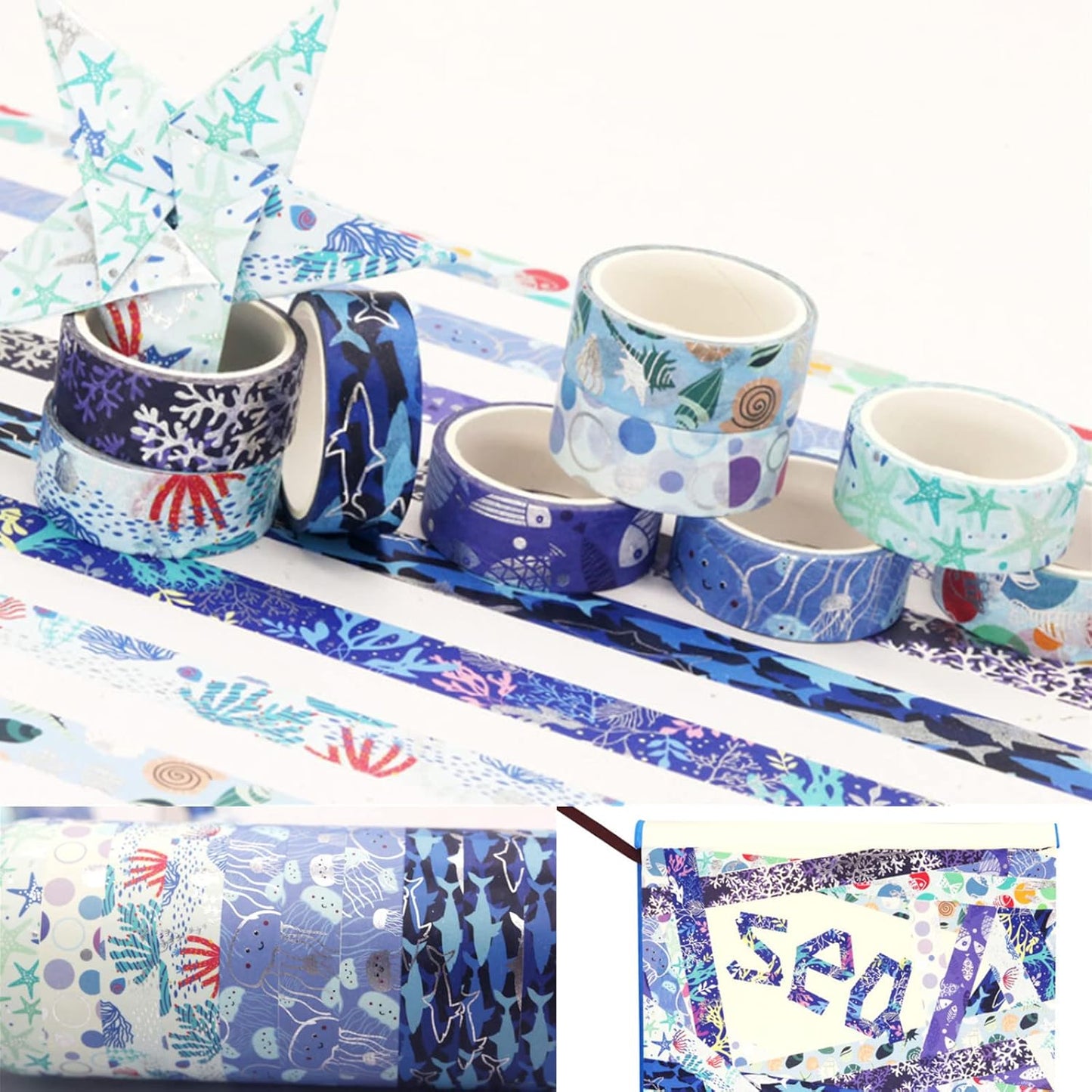 Blue Ocean Washi Tape Set 10 Rolls Bronzing Sea Decorative Masking Tapes for Scrapbooking, Bullet Journal, Planner, DIY Crafts, Gift Wrapping