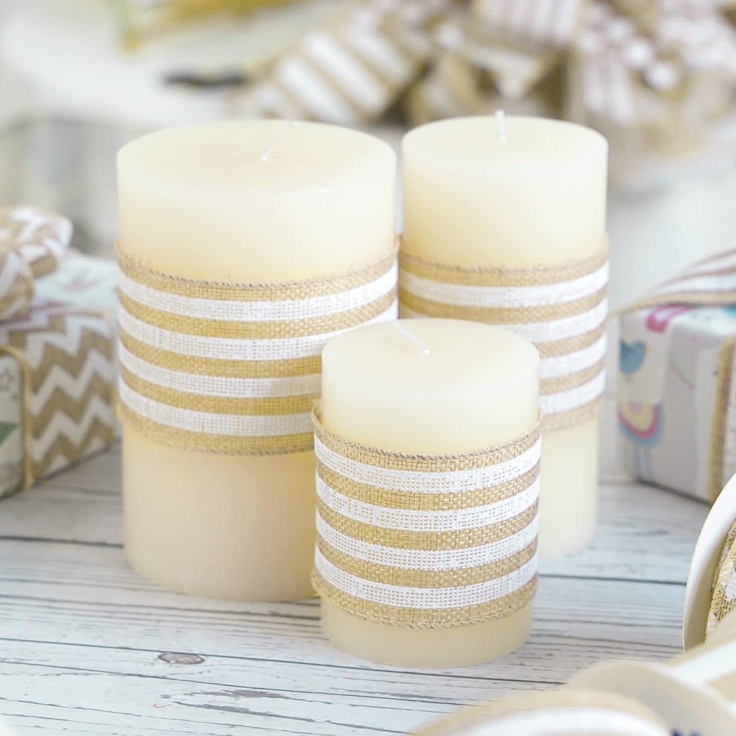 MEEDEE Burlap Wired Ribbon with White Stripe - 2.5 Inch Wired Ribbon for Cakes, Gift Baskets, Wreaths, Rustic Decor, Baby Showers, Beach, Farmhouse, 10 Yards