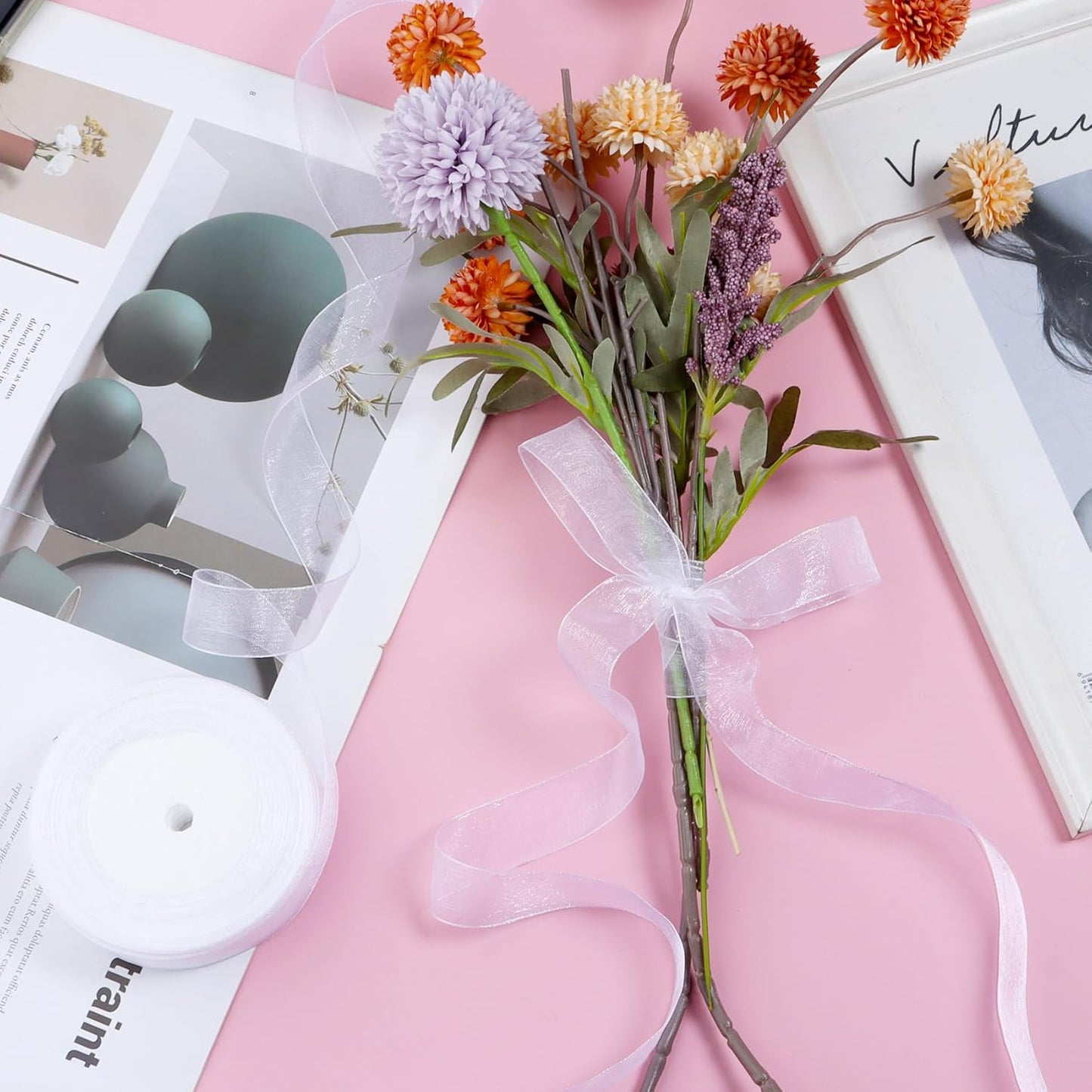 Ribbon for Gift Wrapping 3/4 inch White Sheer Organza Ribbon for Flower Bouquet Tulle Thin Chiffon Ribbons for Wedding Invitations Christmas Halloween Presents Decorations Crafts 50 Yards