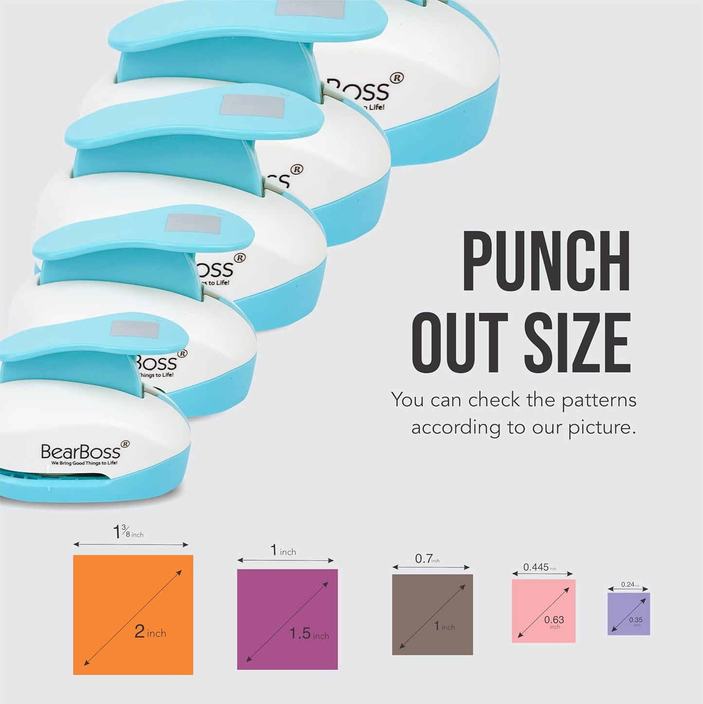 BearBoss Square Paper Punch Set, 5 Different Sizes, Scrapbooking Crafting Tool, Classic White