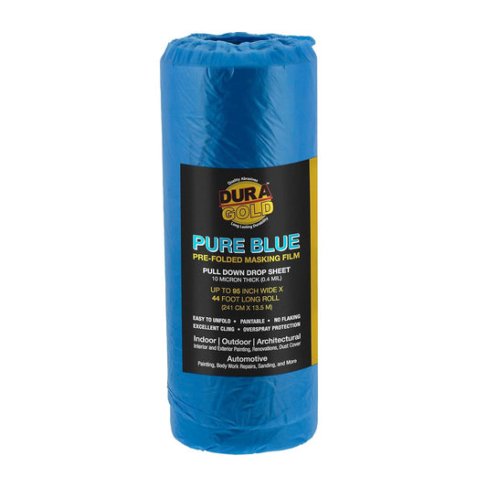 Dura-Gold 95" x 44' Pure Blue Pre-Folded Masking Film - Painters Plastic Roll (0.4 Mil) Pull Down Drop Sheet, Pre-Folded Plastic Sheeting for Painting Protection on Auto, Walls, Furniture