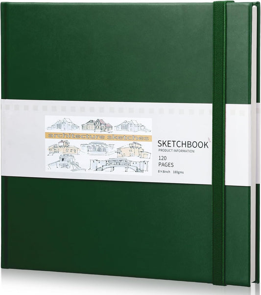 Moinchore Back to School Gifts Square Sketchbook 8 x 8 Inch Hardcover Art Sketch Book Drawing Papers 120 Pages, Mixed Media Journal Notebook with Elastic Closure Sketchbook for Drawing(Green)