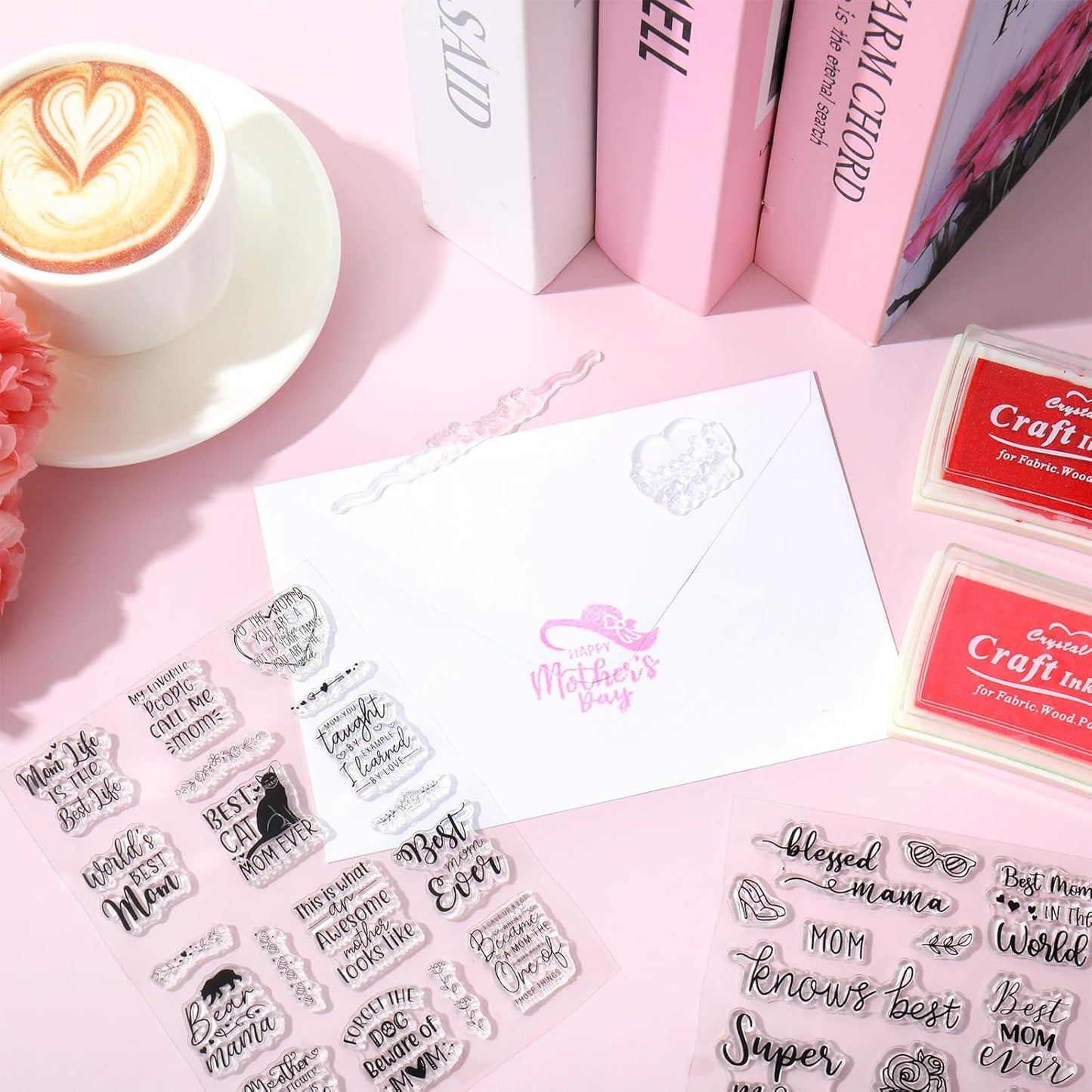 Whaline 4 Sheets Mother's Day Clear Stamps Greeting Words Silicone Transparent Stamps for DIY Craft Card Making Scrapbooking Embossing Album Decor