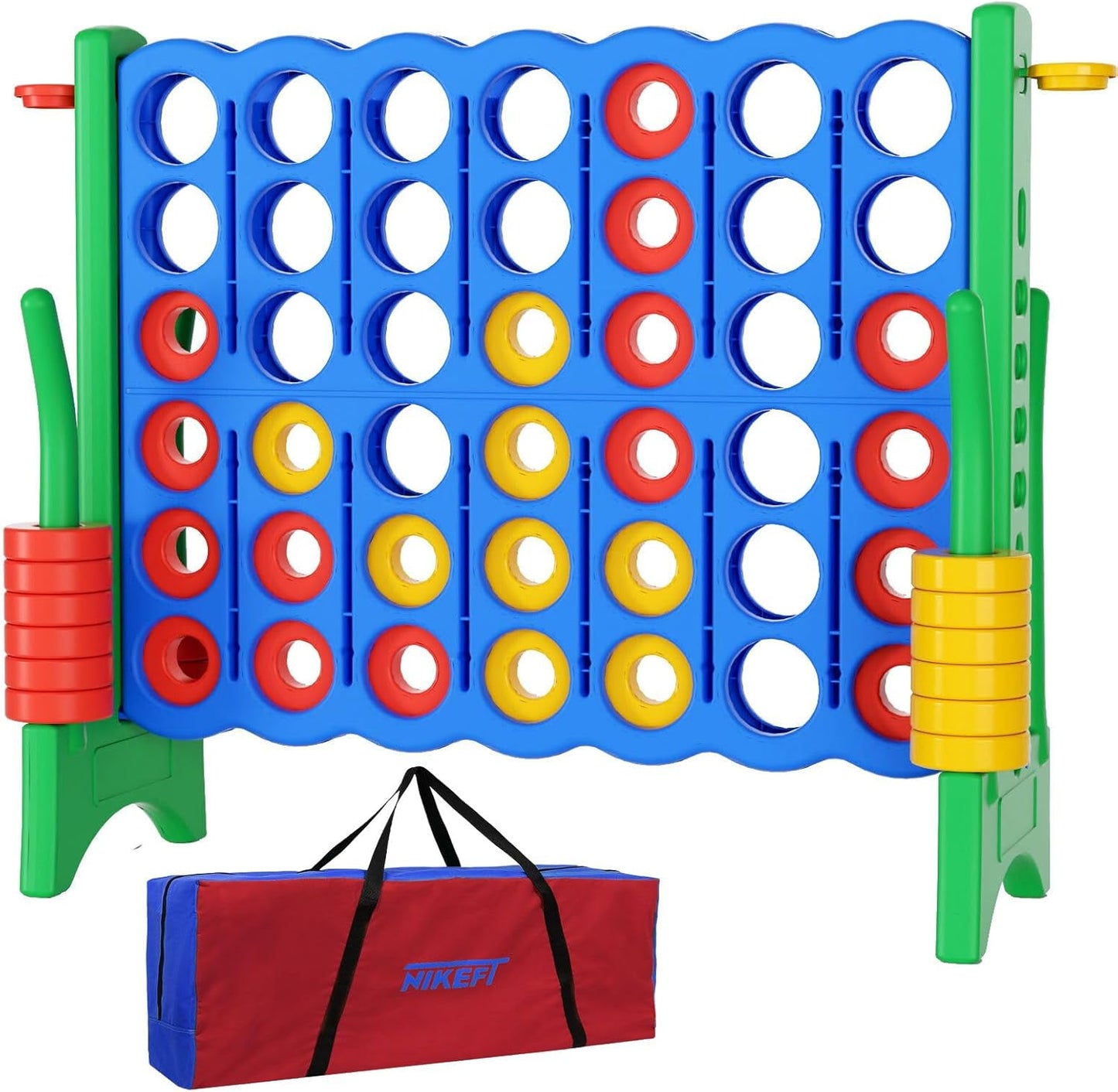 Jumbo 4 in a Row Game Set,4FT Giant Game Set with Carry Bag&44 Pieces Rings&Cup Holder,Indoor/Outdoor Yard Game for Kids & Adults-Fun Family&Party Game-Boosts Brain Power (Blue&Green)