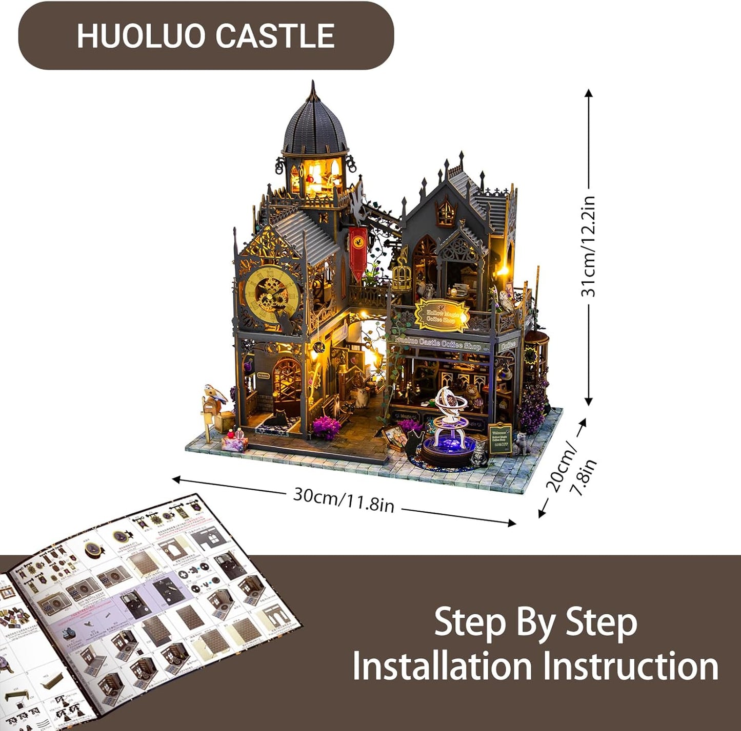 DIY Miniature House Kit, Dollhouse for Adults to Build, Birthday/Christmas Day Gift for Family and Friends, Magic Castle, Haunted Dollhouse, Prefab Tiny Home with LED Lights(Huoluo Castle)