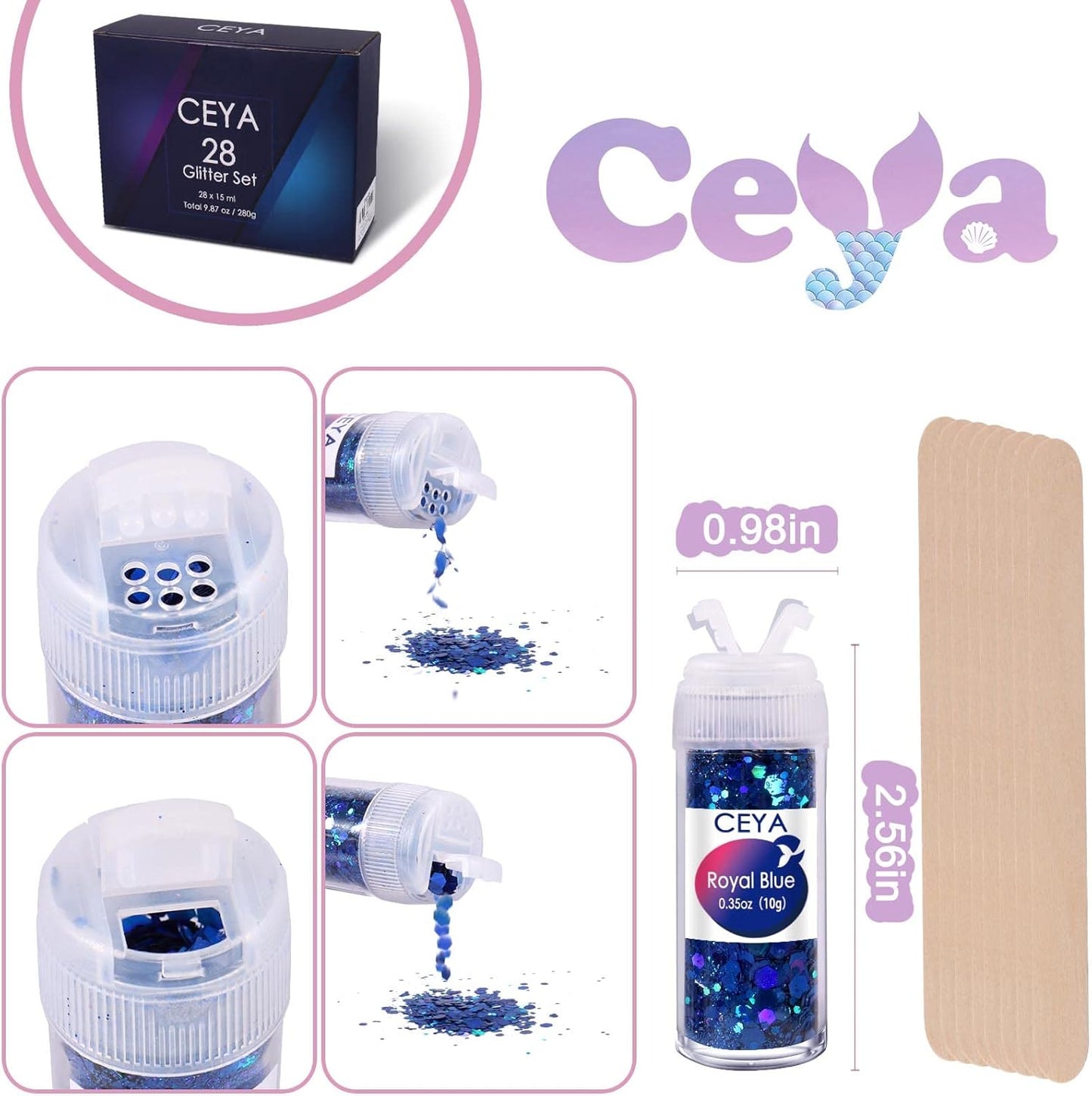 Ceya Holographic Chunky Glitter Set 28 Colors, 9.87oz/280g Craft Glitter Powder Mixed Chunky Fine Sparkle Flakes Each 15ml Iridescent Nail Sequins for Epoxy Resin Nail Art Tumbler Slime Festival Decor