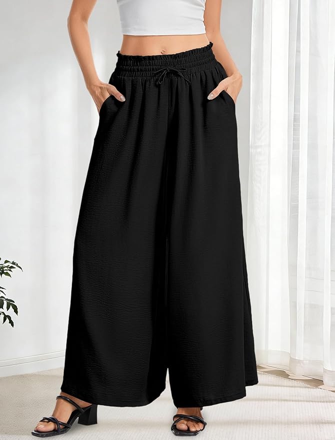 Women’s Wide Leg Pants Drawstring Elastic Waist Casual Trousers Lightweight Loose Lounge Pants with Pockets