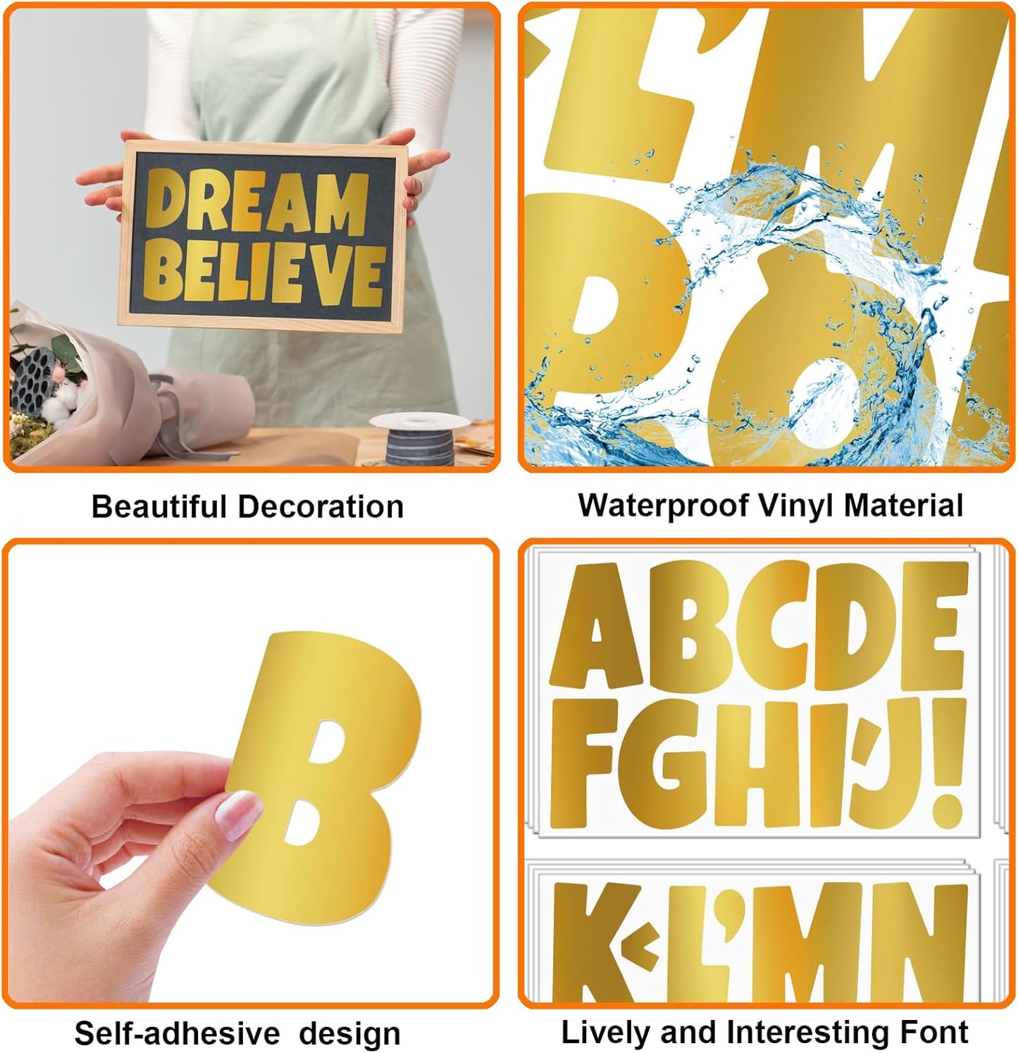 Bemeol Letter Stickers 432 Pieces 36 Sheets Bulletin Board Letters 3 Inch Classroom Alphabet Poster Board Letter for Bulletin Board Display School Decor(Gold)