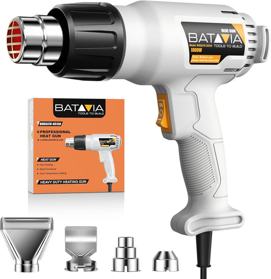 Heat Gun - BATAVIA Dual Protection Fuses 1800W Heavy Duty Fast Heat Hot Air Gun with 752℉&1112℉ Dual-Temperature Settings and 4 Nozzles with Overheat Protection for Crafts, Vinyl Wrap, Shrink Tubing