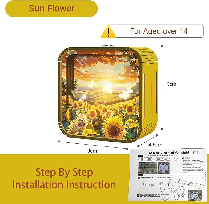 3D Wooden Puzzle Night Light,DIY Craft for Adults with Touch Night Light, Chrismas, New Year, for Teen, Desk Decor for DIY Puzzle Lovers, Men and Women (Sunflower)