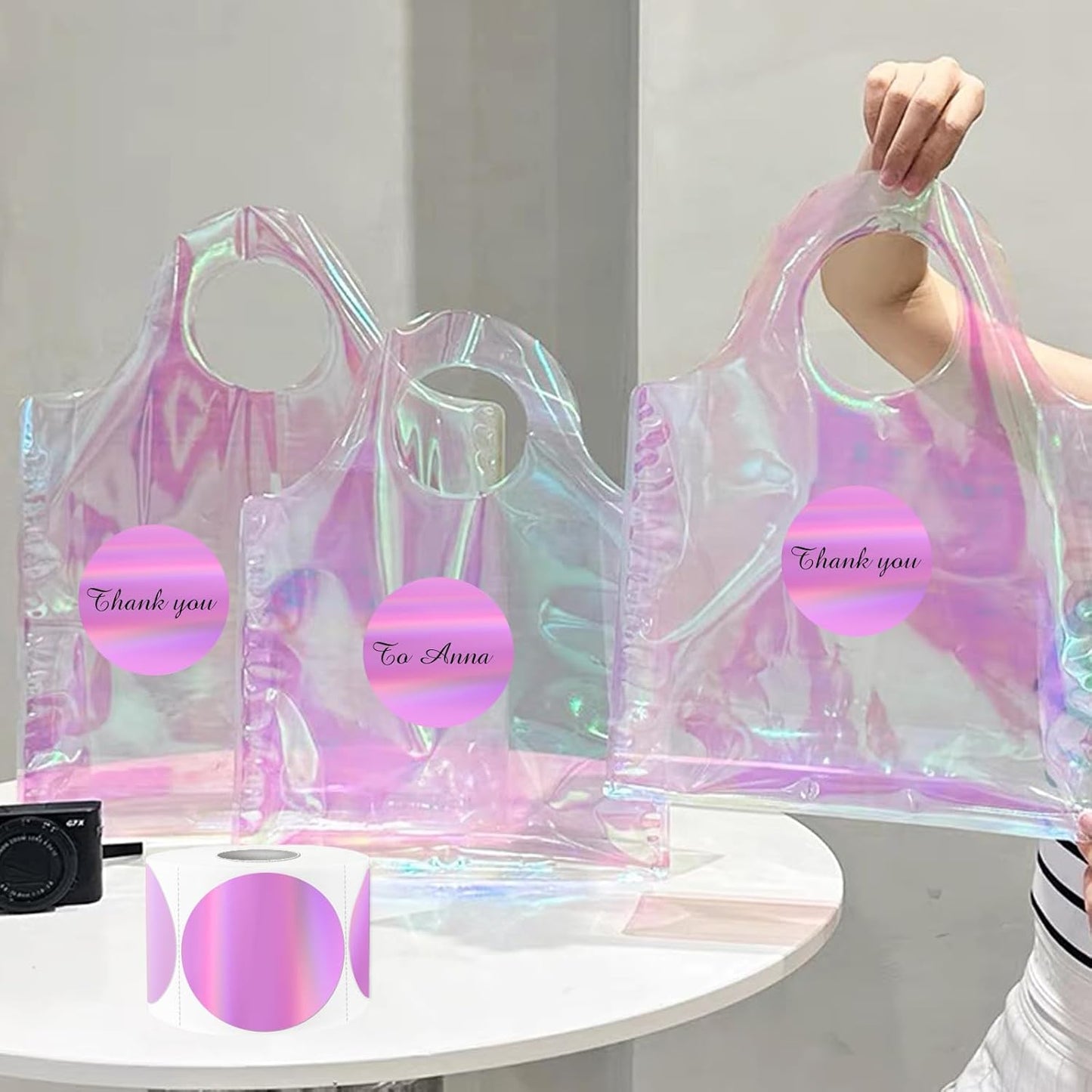 2" Circle Holographic Thermal Label Stickers, Round Printable Rainbow Glitter Thermal Printer Sticker Labels for Gift Wrapping, Self-Adhesive Name Price Tag DIY Custom Logo Design- Pink