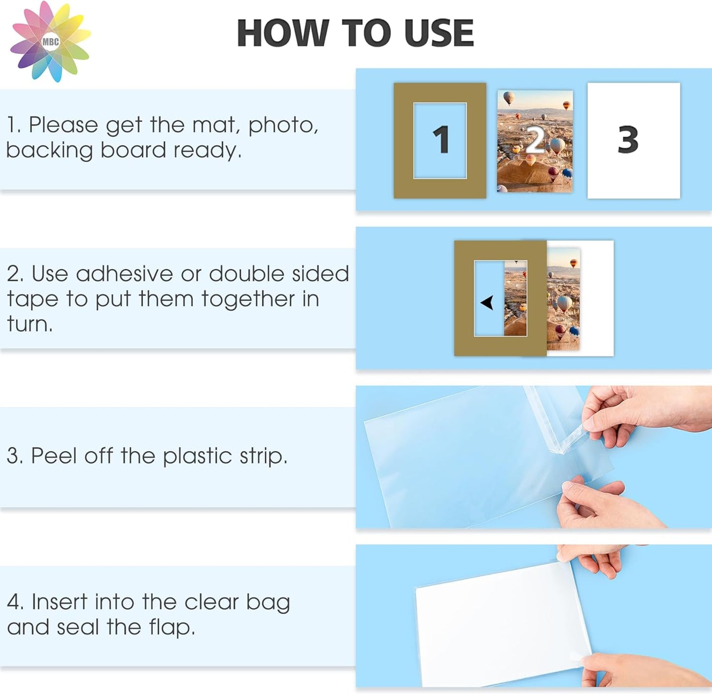 Mat Board Center, Pack of 10, 8x10 for 5x7 Mix Color Picture Mat Sets - Acid Free, 4-ply Thickness, Bevel Pre-Cut White Core - Includes Backing Boards and Clear Bags - for Pictures, Photos, Framing