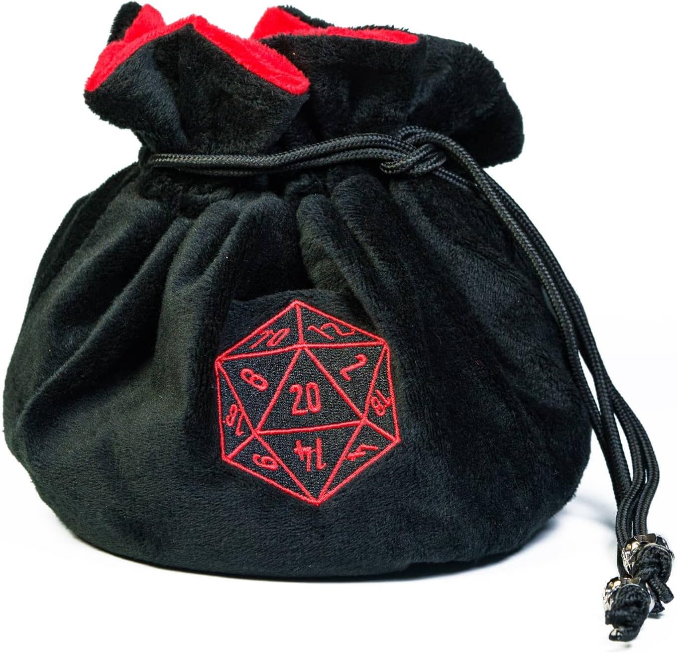 Large Dice Bags with Pockets Black Storage Bag with Drawstrings D20 Logo for DND RPG Game Dices - Capacity 200+ Dice