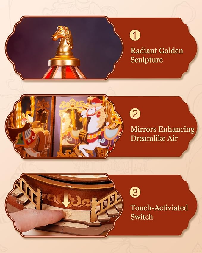 Rolife Wooden 3D Puzzles for Adults, DIY Carousel Music Box with Chaser Lights 11.6" Model Building Kit, Construction Project Craft Kits for Adults Hobby Home Decor Chiristmas Gifts for Boys Girls