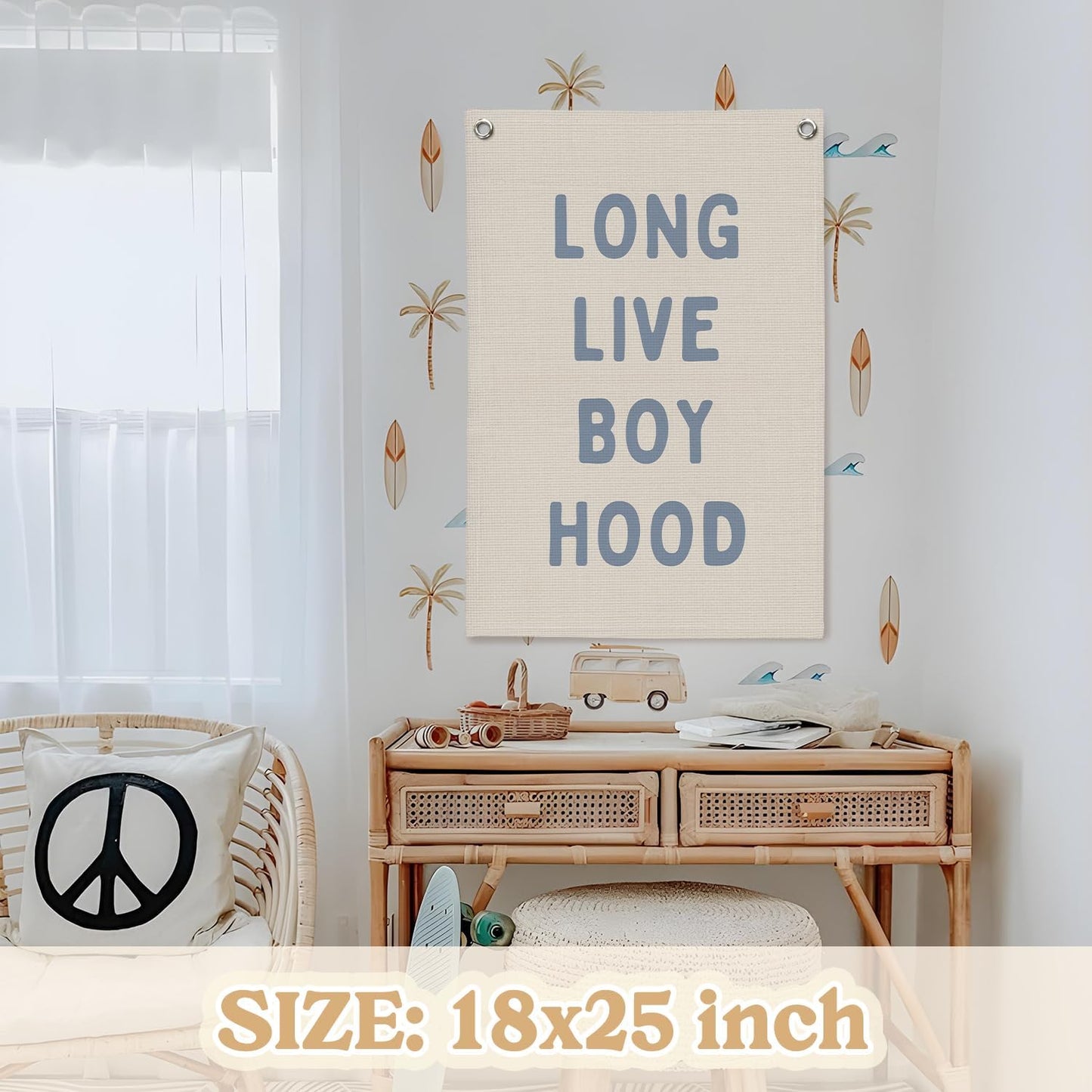 Blue Long Live Boyhood Linen Canvas Banner,Boy Room Decor,Nursery Playroom Wall Decor For Boys Bedroom Toddler Decorations Teen Boy Room Decor Wall Hanging Flag Banner 18x25 Inch