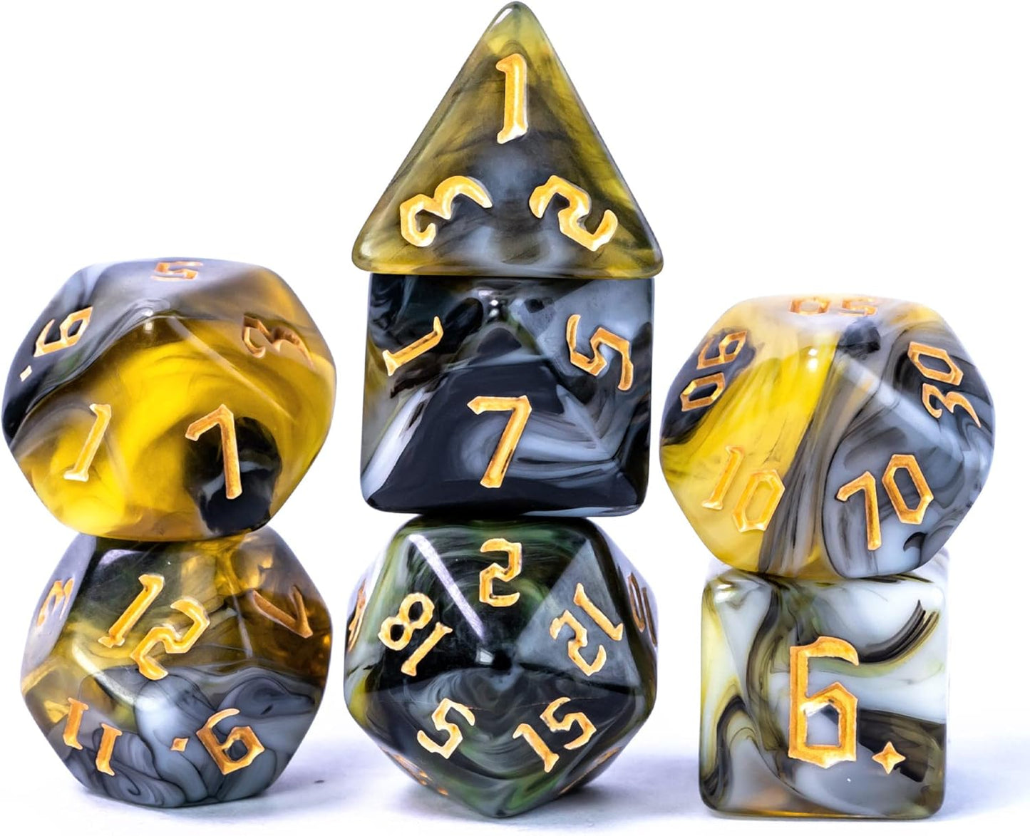 7-Die Polyhedral DND Dice Set for Tabletop Game, D&D Dice Set for Role Playing Games (Black&Yellow&White)