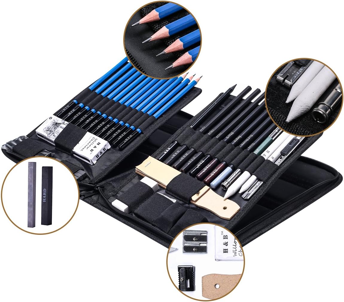 H & B 40 Piece Professional Sketch Pencil Drawing Kit,Complete Artist Kit, Including Graphite Pencils, Pastels, Sharpener and Eraser