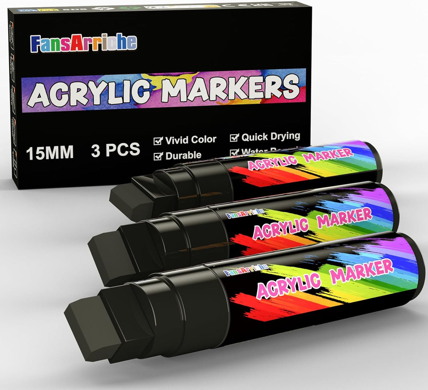 FansArriche Acrylic Paint Markers, 15mm Jumbo Felt Tip, 3 Black Waterproof and Permanent Paint Pens for Tagging, Signs, Calligraphy, and Outdoor Paintings