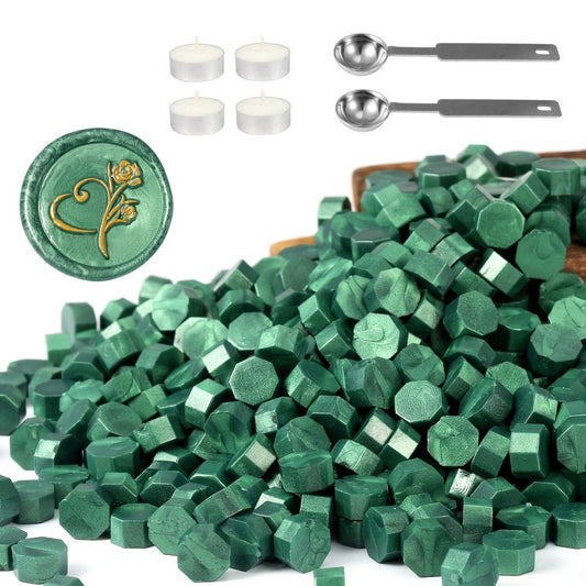 Yoption 360Pcs Metallic Green Sealing Wax Beads, Hexagon Wax Seal Beads with 4Pcs Tea Candles and 2 Melting Spoons for Wedding Invitations, Wine Packaging, Gift Wrap, Envelopes