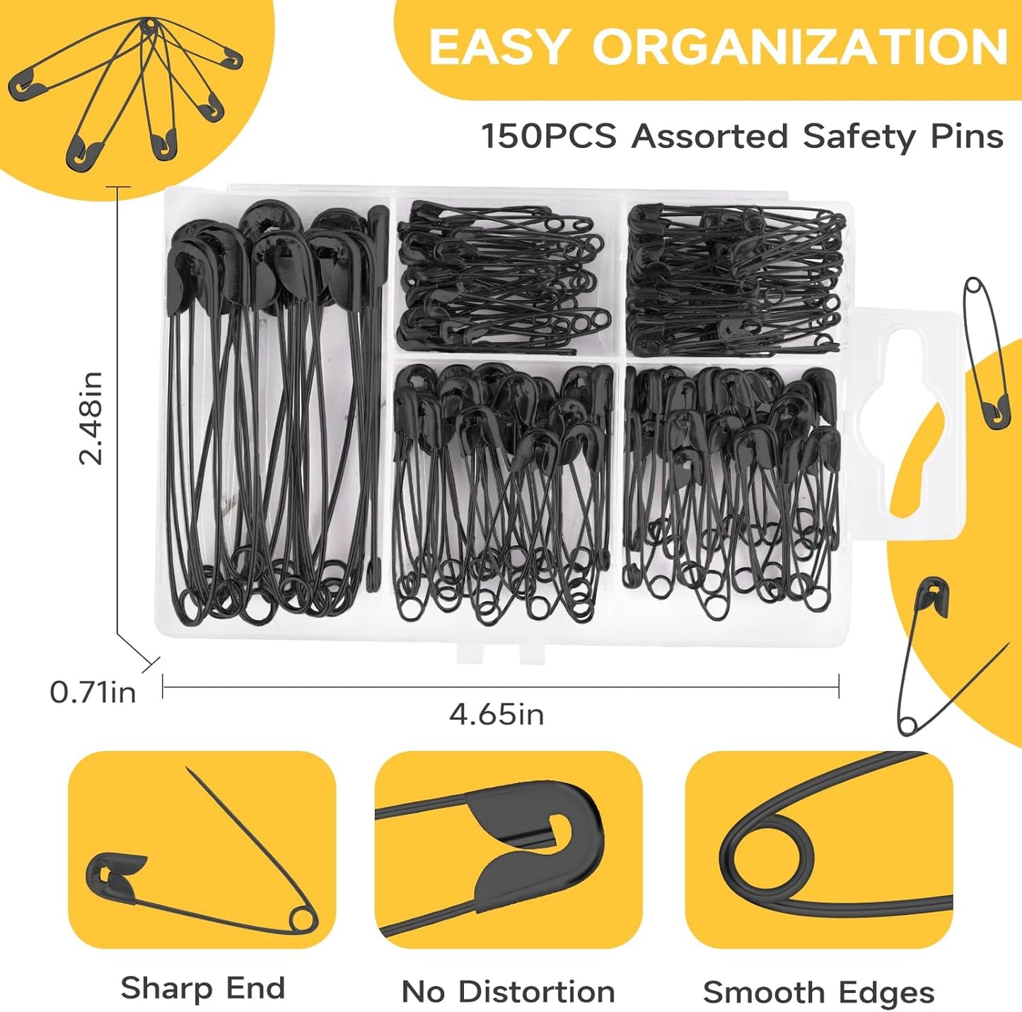 Huhuhero 160-Pack Safety Pins Assorted, Small and Large Safety Pins for Clothes Costume, 5 Different Sizes Nickel Plated Steel Pin Bulk, Sewing Arts Crafts Supplies, Black