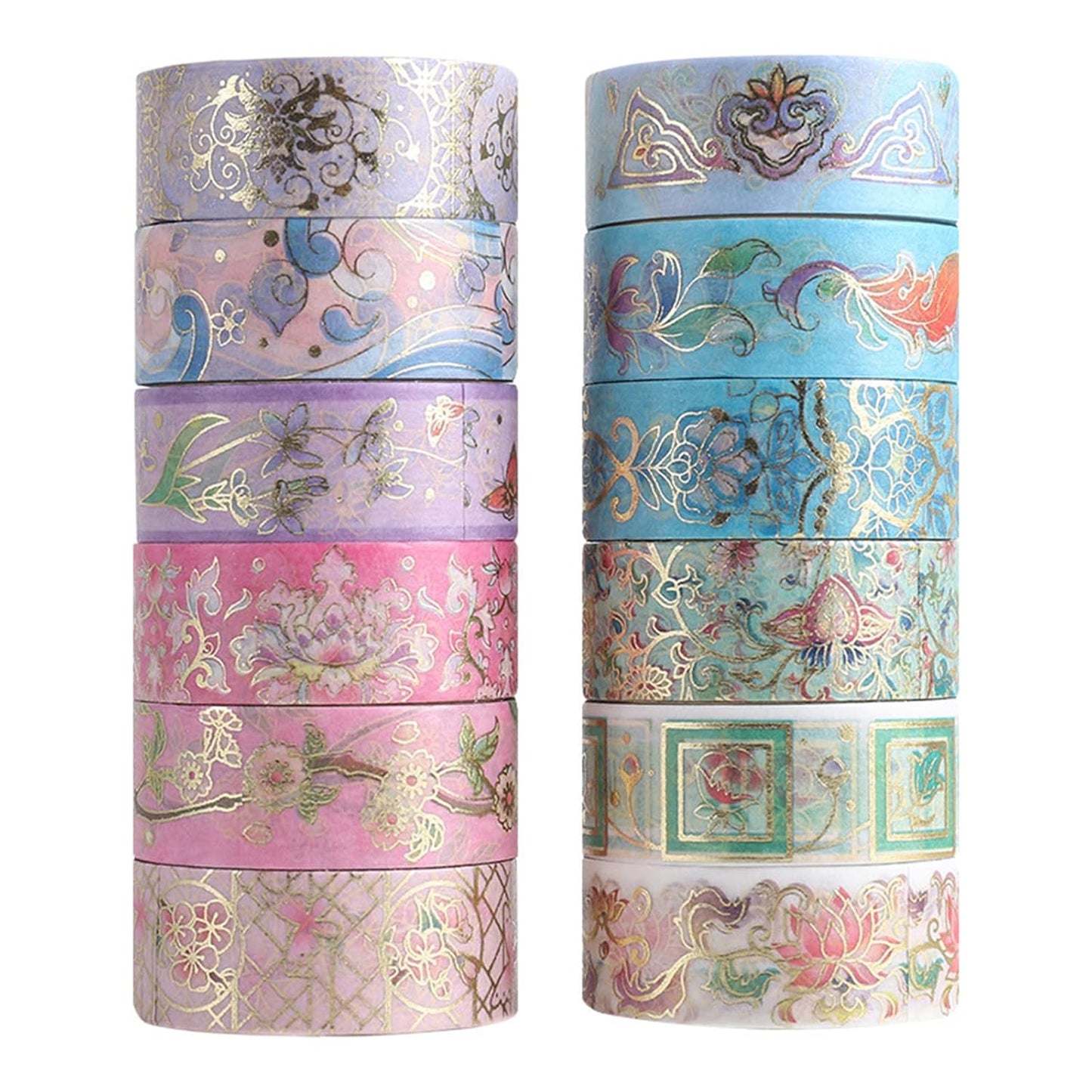 12 Rolls Floral Washi Tape Set, Gold Foil Flower Washi Tape, Botanical Washi Tape for Scrapbooking, Bullet Journal, Planner, DIY Crafts, Gift Wrapping