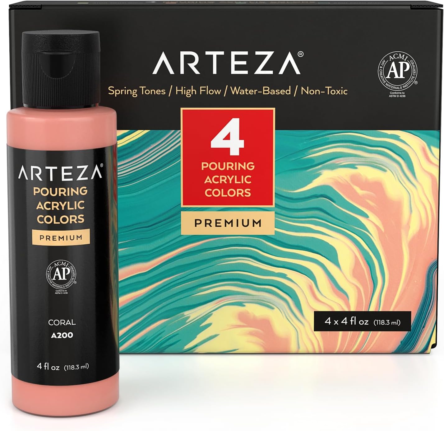 ARTEZA Acrylic Pouring Paint Set, 4 Spring Colors, 4 oz Bottles, High-Flow Paint, No Mixing Needed, Art Supplies for Canvas, Glass, Paper, Wood, Tile, and Stones, 16 Fl Oz (Pack of 1)