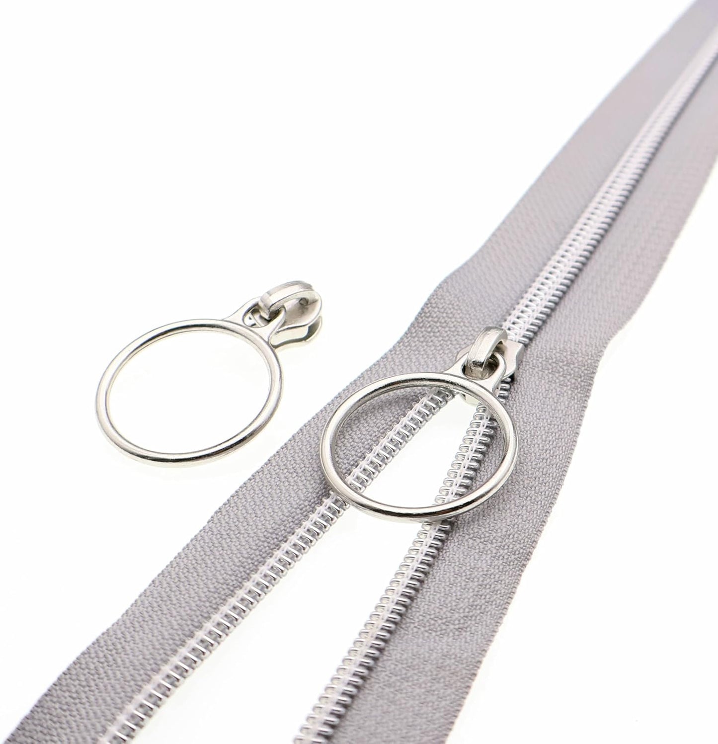 Leekayer #5 Silver Metallic Nylon Coil Zippers by The Yard Bulk 10 Yards Gray Zipper Tape with 25pcs Silver Ring Pull Zipper Sliders for DIY Sewing Tailor Craft Bag(Gray)